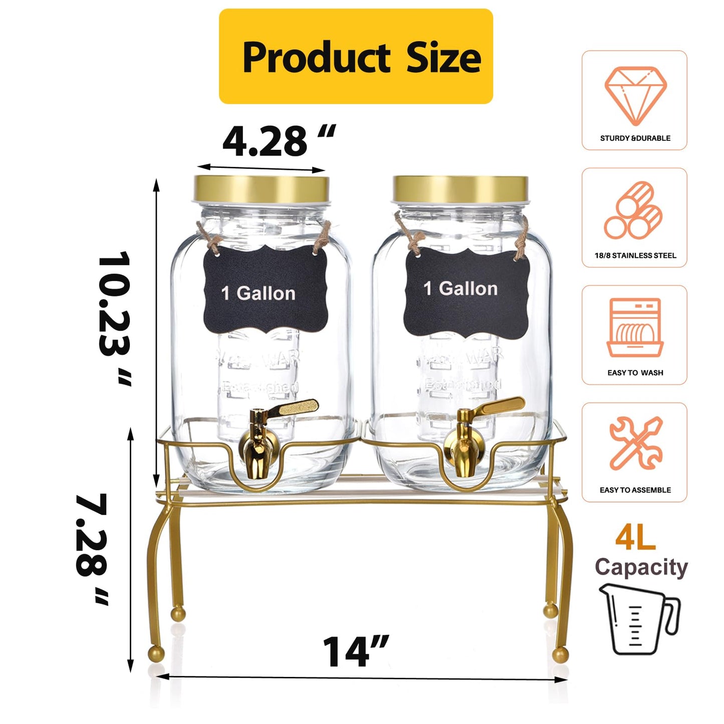 1 Gallon Glass Drink Dispenser Set of 2 – Drink Dispensers for Parties, Beverage Dispenser with Stand & 100% Leakproof Spigot, Ideal for Lemonade, Juice, Iced Tea, Laundry Detergent Dispenser