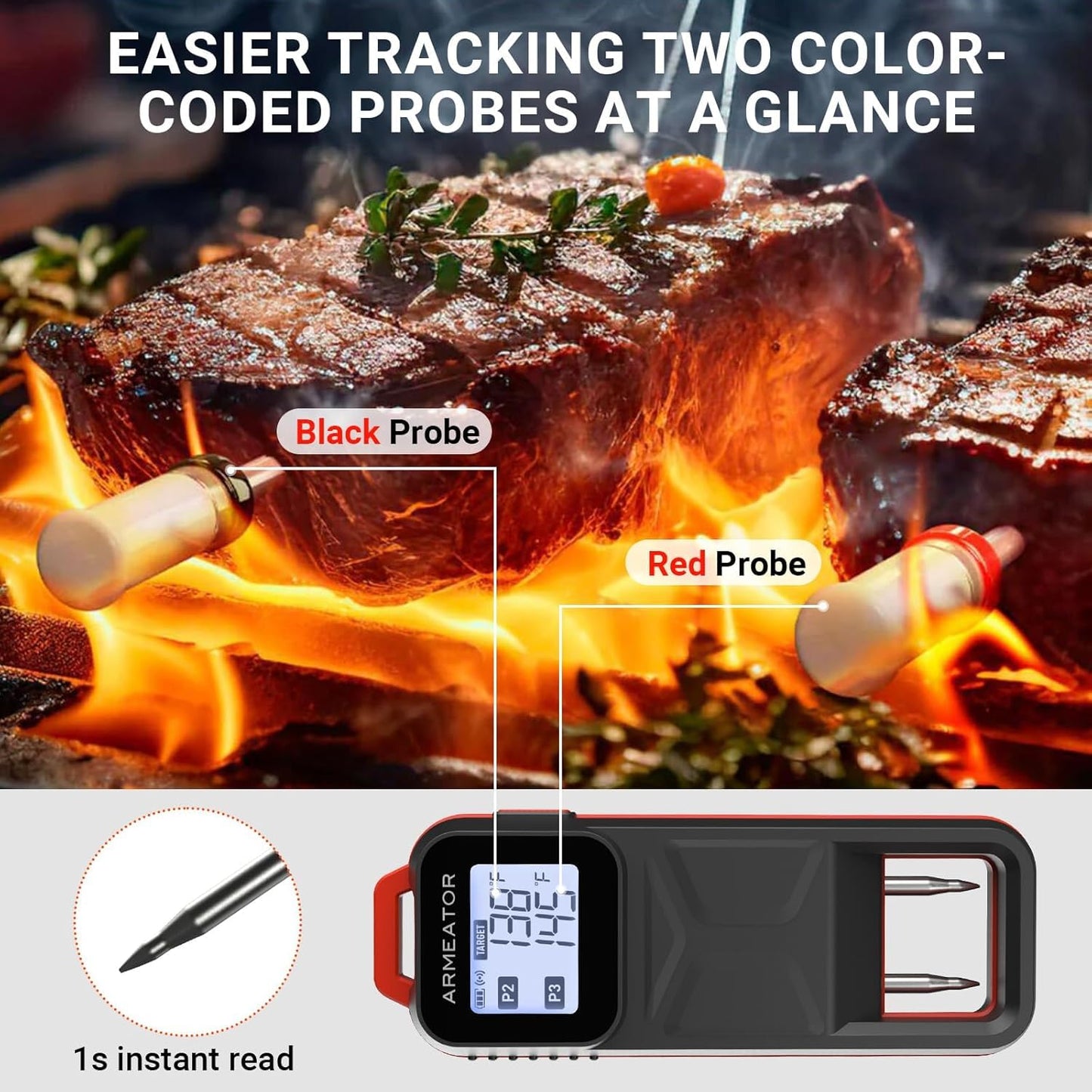 ARMEATOR Smart Meat Thermometer with 2 Probes, Unlimited Range Bluetooth Meat Thermometer, Digital Food Thermometer for Remote Monitoring of BBQ Grill, Oven