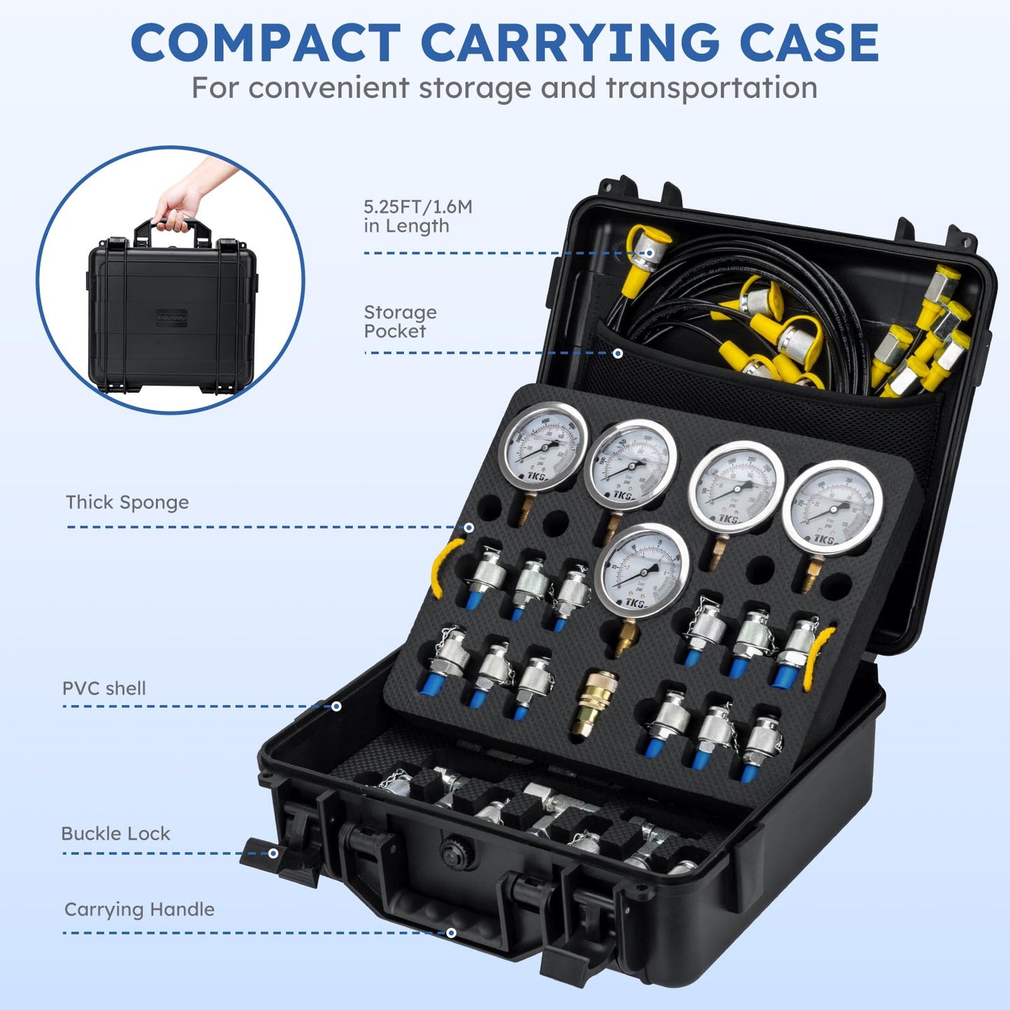 AilemeNova Hydraulic Pressure Test Kit, 5 Gauges (10/100/250/400/600bar) 60mpa 13 Test Couplings 14 Tee Connectors 5 Test Hoses w/Sturdy Portable Carrying Case for Excavator Construction Machinery