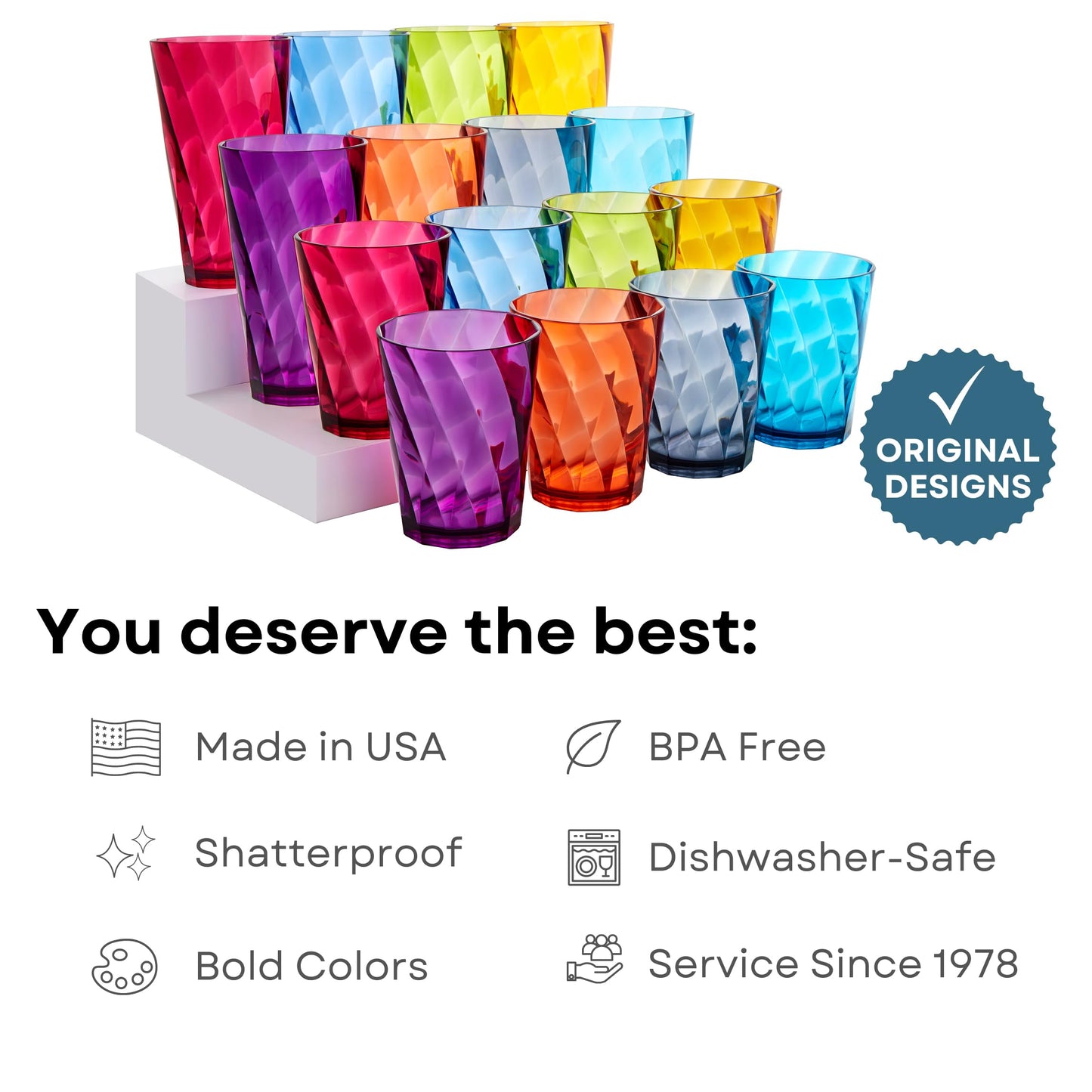 US Acrylic Optix Plastic Reusable Drinking Glasses (Set of 16) 14oz Rocks & 20oz Water Cups in Jewel Tone Colors | BPA-Free Tumblers, Made in USA | Top-Rack Dishwasher Safe