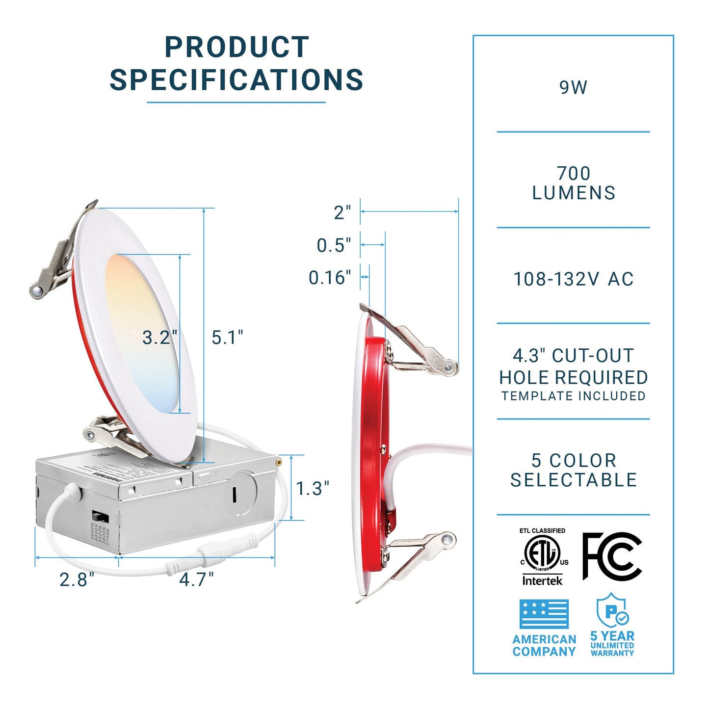 PARMIDA (6 Pack) 4 Inch 2HR Fire Rated LED Recessed Light, ETL, 5 Color Selectable 2700/3000/3500/4000/5000K, 9W Dimmable Ultrathin Canless Wafer Slim Panel Downlight, Wet/IC Rated, No Tenmat Needed