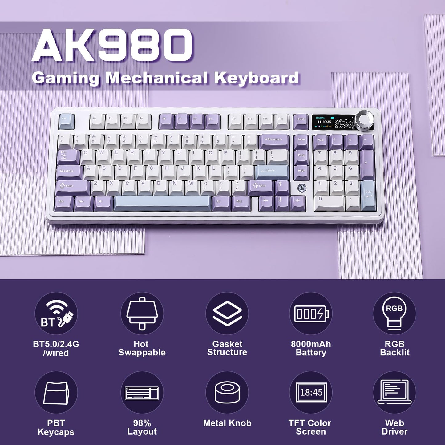 MIKIBY AJAZZ AK980 Mechanical Keyboard with Smart Display & Knob,98% Wireless Keyboard Tri-Mode BT/2.4G/USB-C, Hot Swappable, PBT Keycaps, with RGB Light for Win & Mac(Purple,Murad Switch)