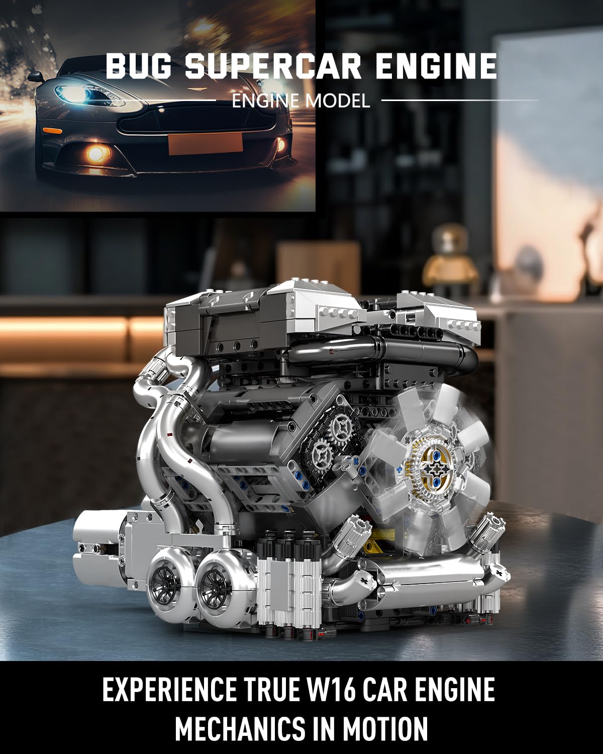 Mould King 10201 W16 Engine Model Kit, MOC Bug Supercar Engine Model with Battery and Motor, Collectable 16-Cylinder Car Engine Transmission, Shiftable Gear Operation for Kids/Adults (2024+ PCS)