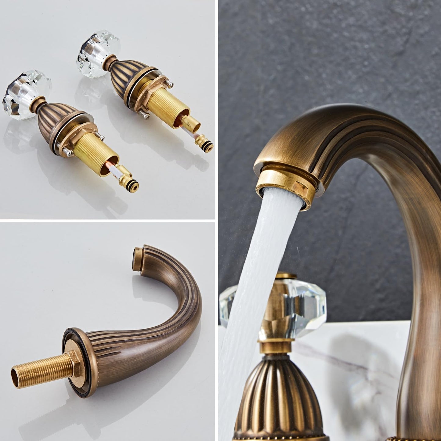 Antique Brass Bathroom Faucet Gold Three Holes Widespread Crystal Handle Bathroom Sink Faucets Retro Vintage Lavatory Vanity Faucet
