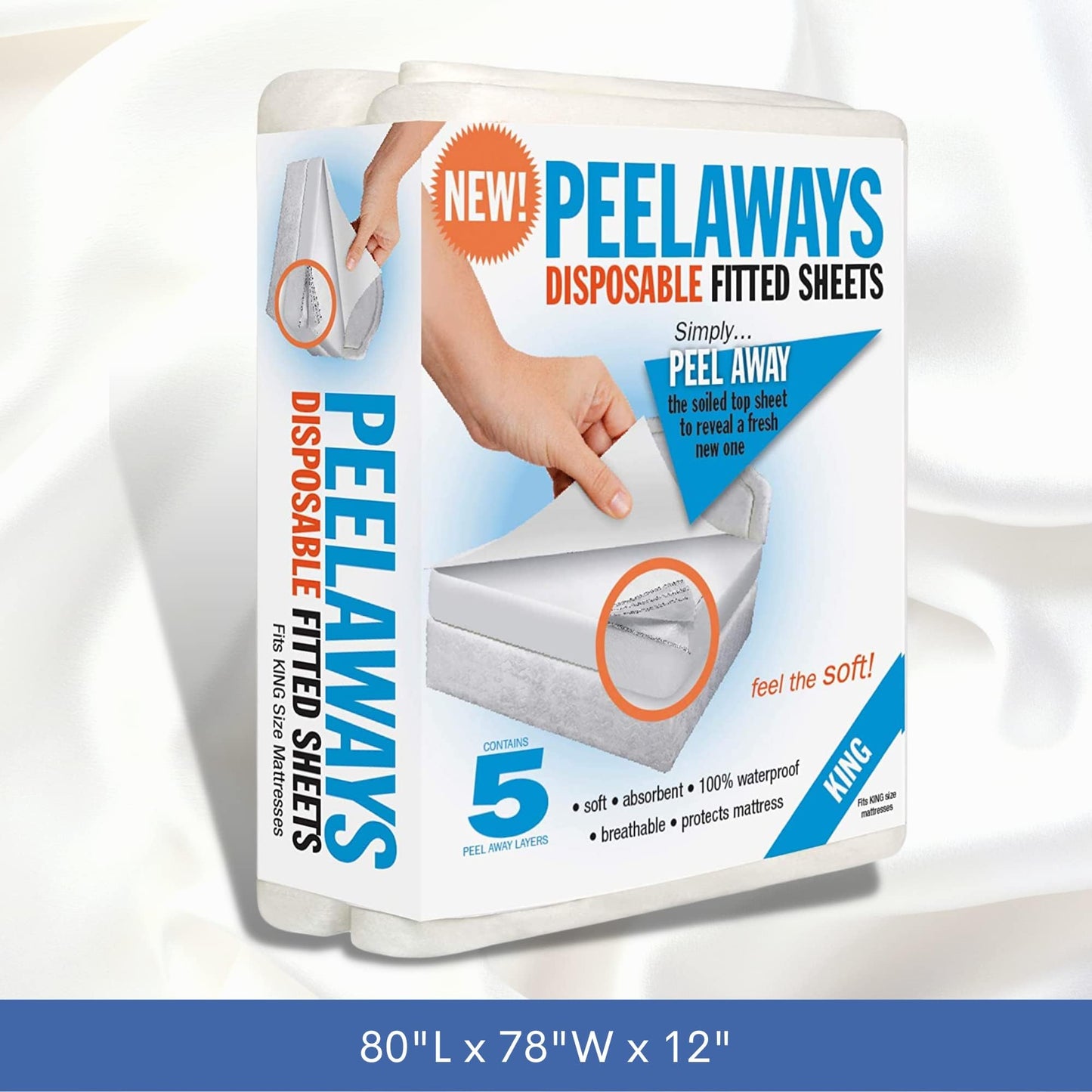 PEELAWAYS Disposable Fitted Bed Sheets Mattress Pad Protector – 100% Waterproof Designed Especially for Incontinence – Luxuriously Soft – Change in Under 60 Seconds (King - 5 Layer)