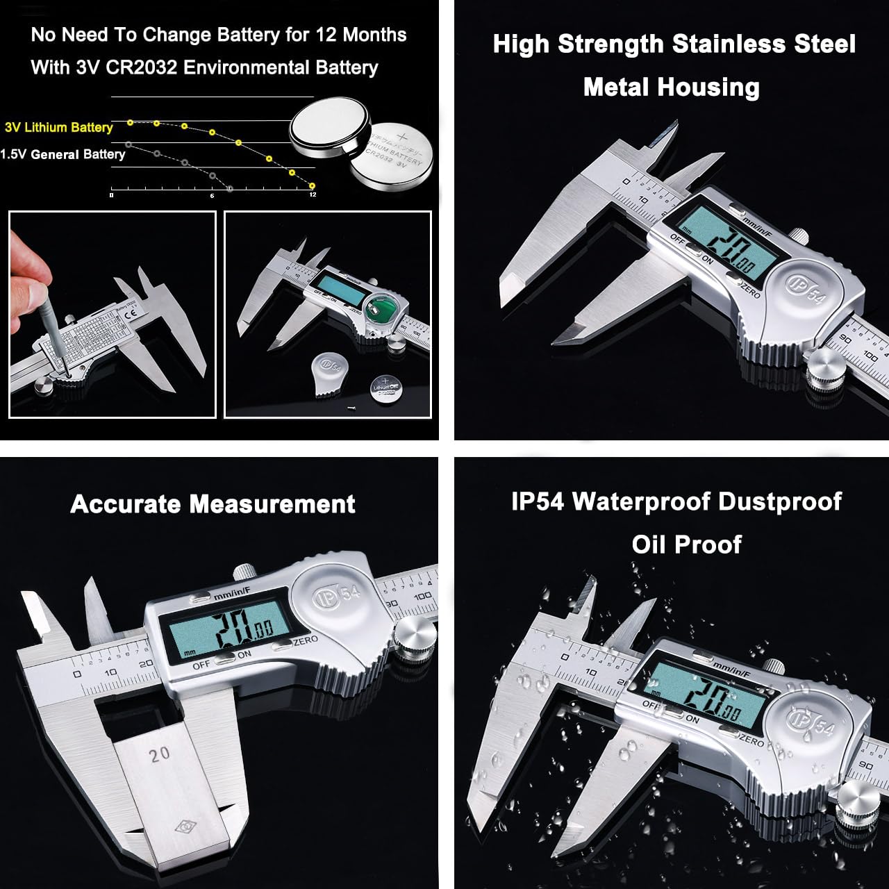 Kynup Digital Caliper, 8 Inch Caliper Measuring Tool with Stainless Steel, IP54 Splash Proof Protection Design, Easy Switch from Inch Metric Fraction, Large LCD Screen (200mm)