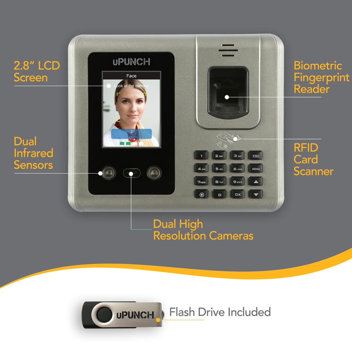 uPunch MK3000 Face Recognition Digital Time Clock for Employees | Small Business Time Tracking System with Keypad, and RFID Options (No Monthly Fee)