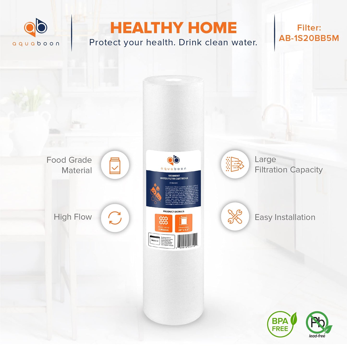 Aquaboon 5 Micron 20 x 4.5 Whole House Sediment Filter Cartridge 20 inch Water Filter Replacement Compatible with DGD-5005-20, FP25B, AP810-2, 4-Pack