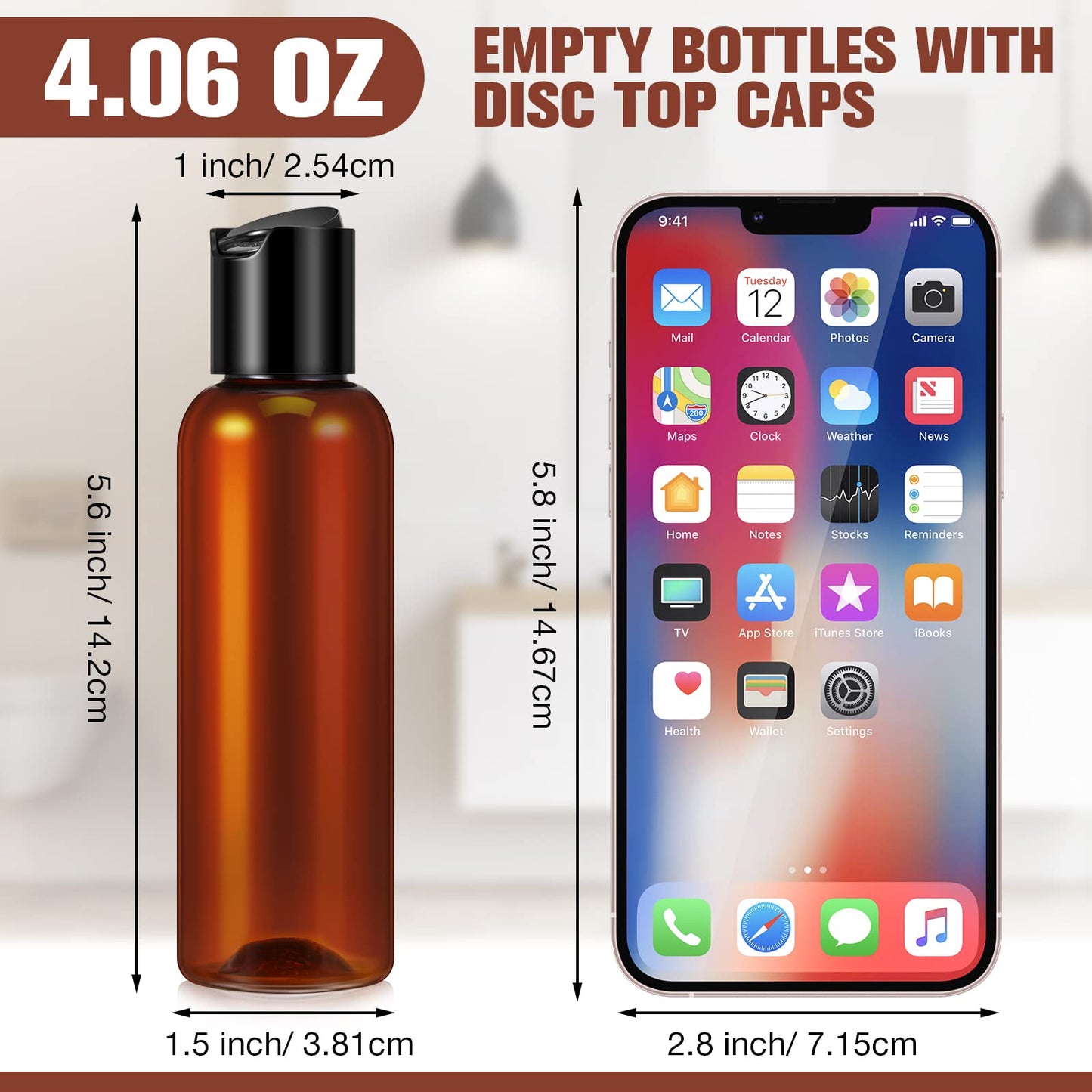 50 Pieces 4oz Plastic Squeeze Bottles with Disc Top Flip Cap Empty Amber Refillable Containers Small Travel Toiletry Bottles for Lotion Shampoo Oil Body Soap Creams