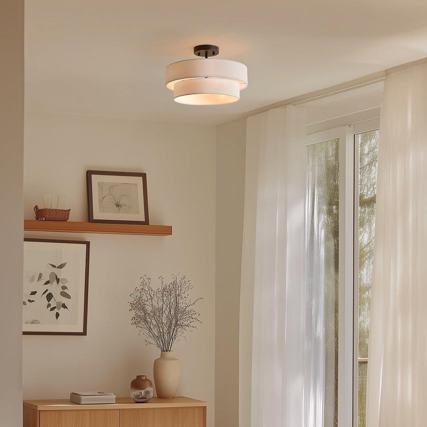 GLOBE Electric 66000138 2-Light Semi-Flush Mount Ceiling Light, Matte Black, 2-Tier, White Linen Shade, Home Improvement, Dining Room, Kitchen