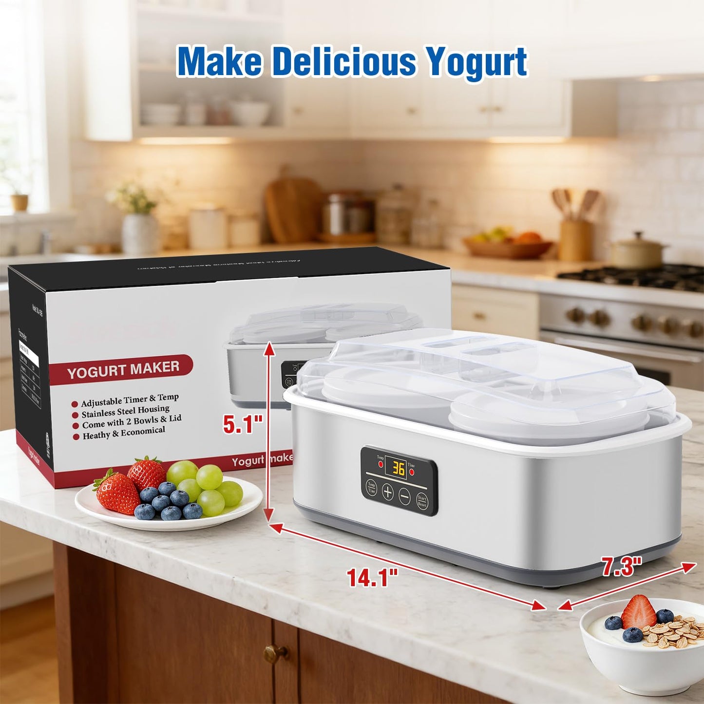 Yogurt Maker with Adjustable Time and Temp Control, Yogurt Maker Machine with Automatic Shut-Off & Constant Temper for Homemade Probiotic, Greek Yogurt, BPA-Free 2 Bowls 2 Quart (Grey)