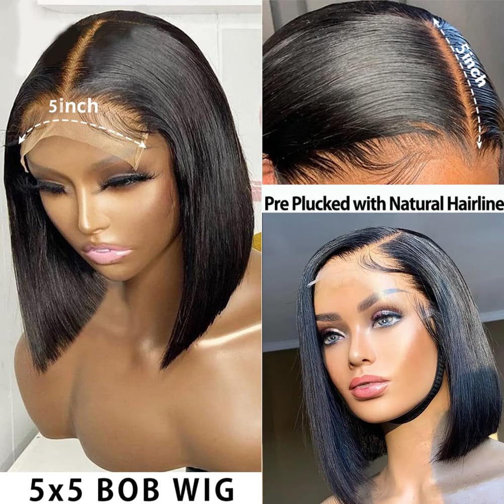 5X5 Bob Wig Human Hair Lace Front Wigs Human Hair Pre Plucked Transparent Glueless Wigs Short Bob 150% Density (5x5 Straight Bob Wig Black Color, 14 Inch)