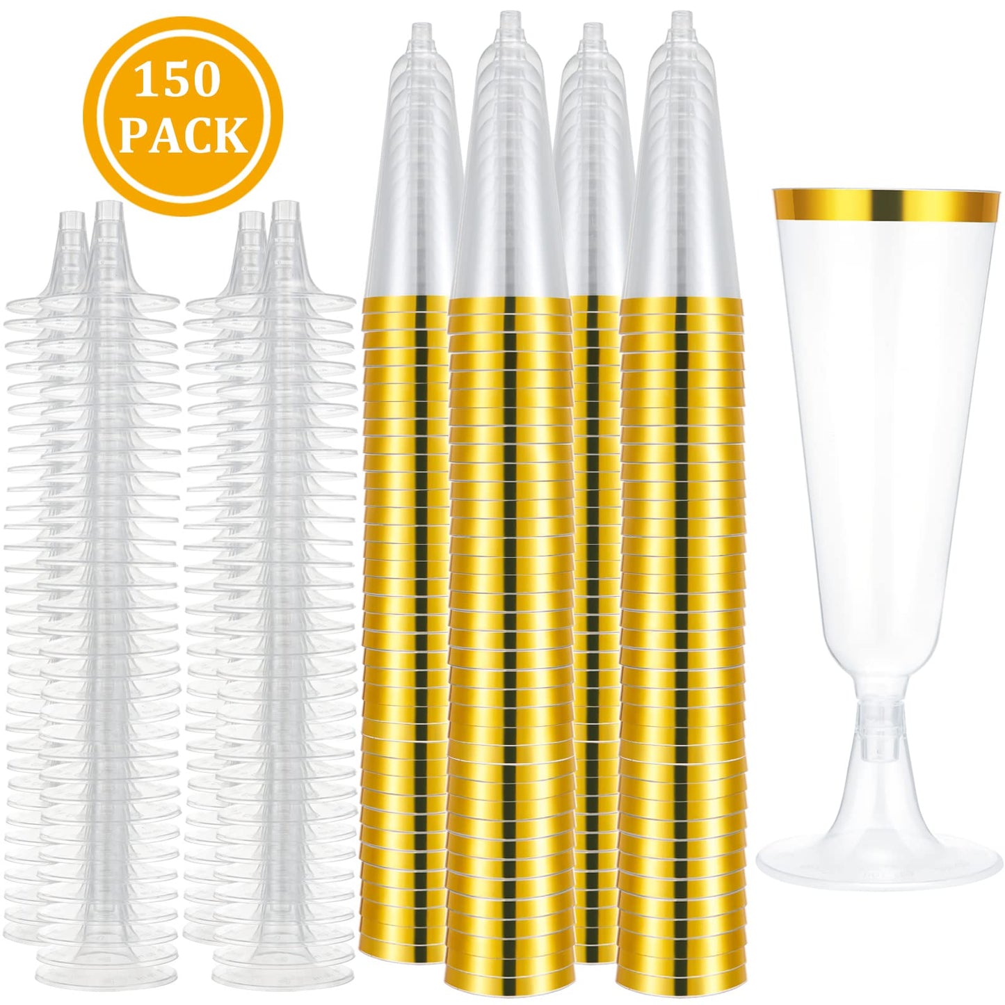 150 Pcs Gold Plastic Champagne Flutes - Clear Disposable Crystal Wine Glasses for Wedding Toasting, Party Cocktail Cups