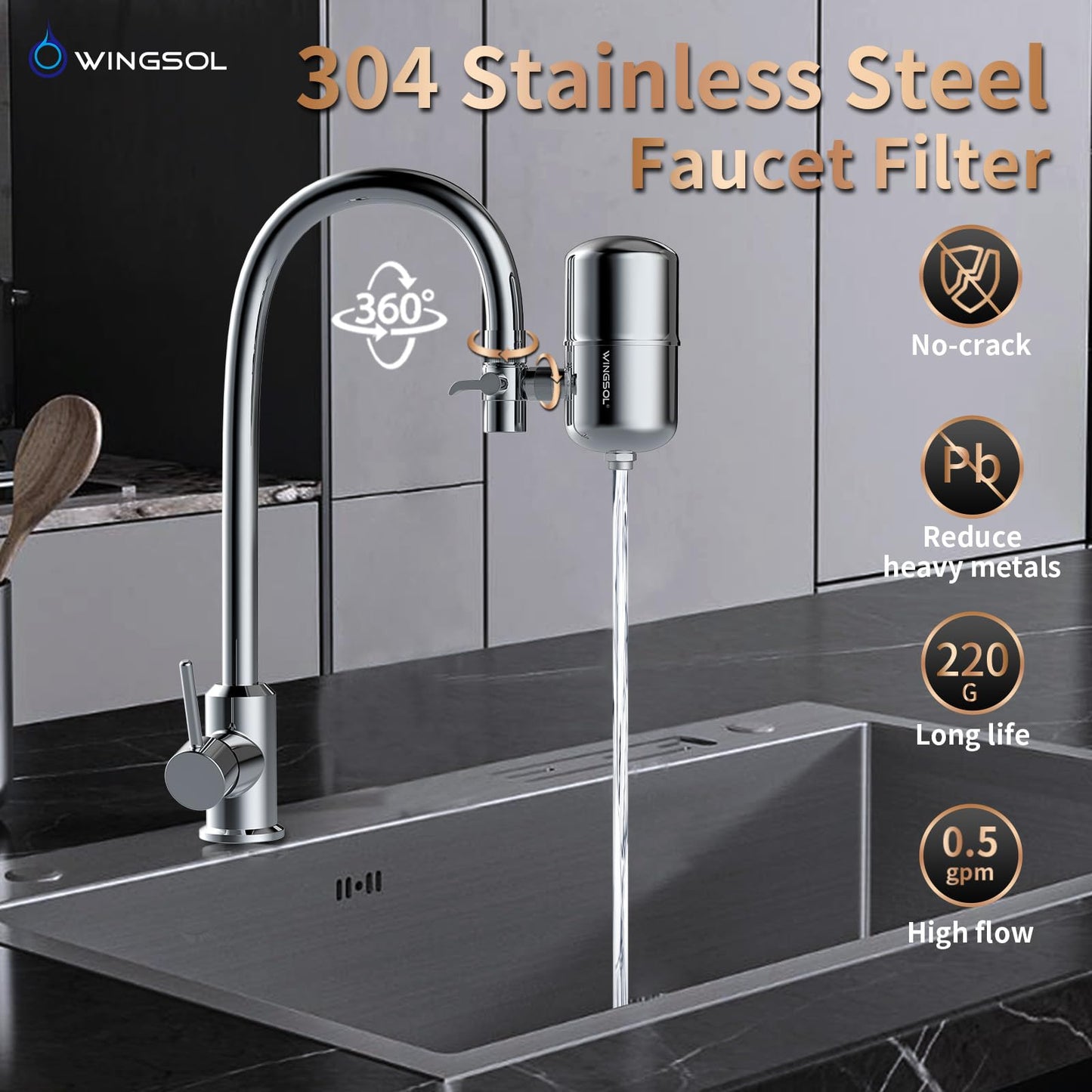 WINGSOL WINGSOL Faucet Filter Reduce Heavy Metals 99.6% Lead, Increase Water pH & Taste NSF/ANSI 42&53, 304 Stainless-Steel 220-Gallon 0.1µm Remineralize Water 5-in-1 Function WS-FM001-5in1