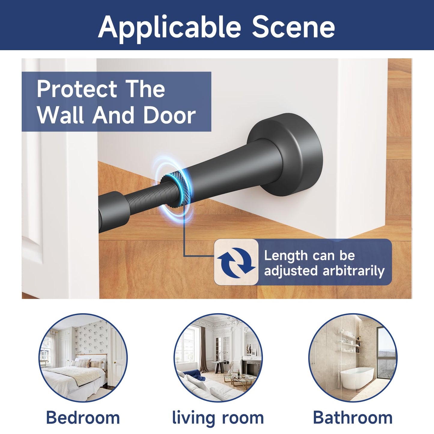 6Pcs Adjustable Door Stopper, 3.07-4.45in Aluminum Door Stoppers for Bottom of Door, Matte Black Door Stop for Wall with Silicone Tip, Screw & Adhesive Installation