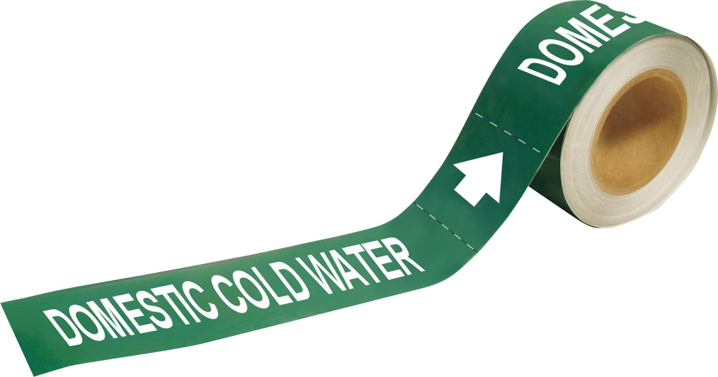 Brady 20425 Economy Pipe Markers-To-Go, B-736, 1" Height X 8" Width, White On Green Self-Sticking - Plastic Film, Legend "Domestic Cold Water"