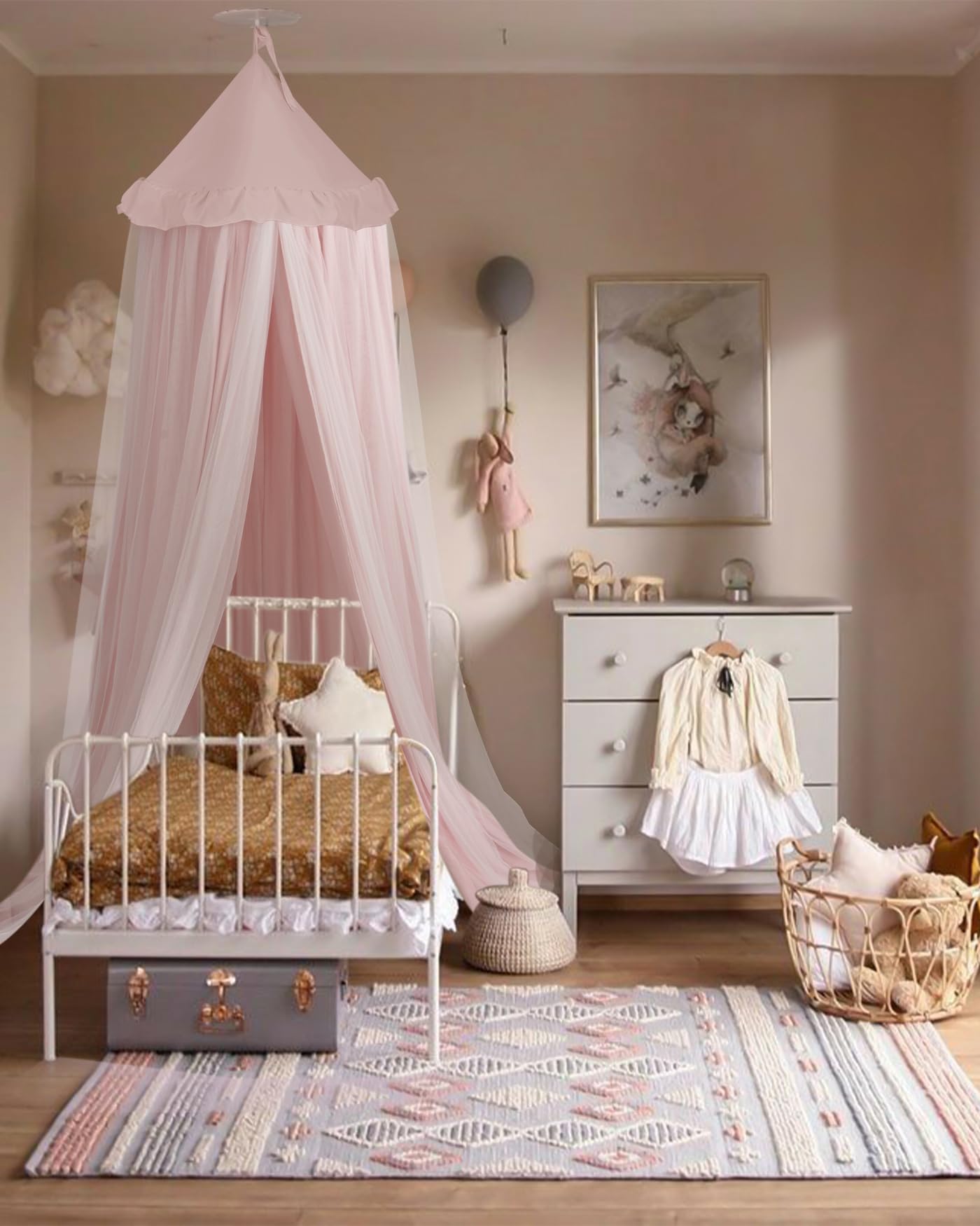 little dove Bed Canopy with Star Lights, Double Layer Canopy for Bed, Princess Play Tent for Girls Room, Breathable Bed Curtain for Children Reading Nook, Machine Washable, 25.6''x106'', Pink