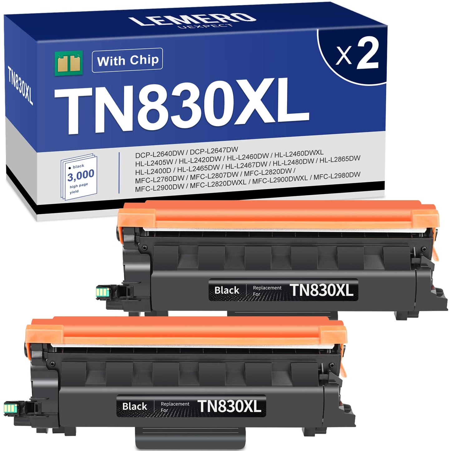 LEMERO UEXPECT Compatible for TN830XL Toner for Brother Printer Replacement for TN830XL TN 830XL TN-830XL Toner use with HL-L2460DW DCP-L2640DW HL-L2405W MFC-L2820DW HL-L2400D HL-L2480DW(Black,2 Pack)
