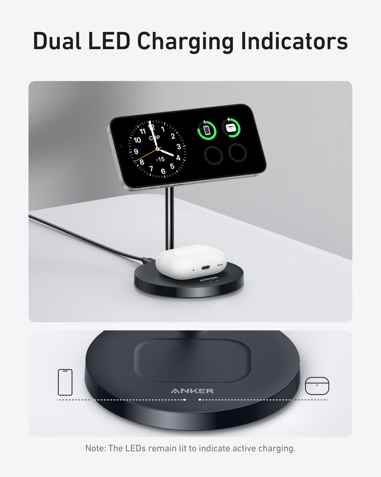 Anker MagSafe Compatible MagGo Charger Stand, iPhone 16 Wireless Charger, 2-in-1 Charging Station, Qi2 Certified 15W Wireless Charger Stand, for iPhone 16/15/14/13/12, AirPods Pro (No Wall Charger)