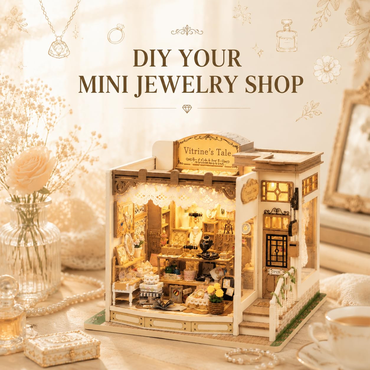 Book Nook DIY Miniature House Kit, Wooden Rolife Miniature Kit with 428 PCS Detailed Jewelry Shop Design for Adults, Book Nook Decorative Model for Shelf Display and Relaxing Craft Time