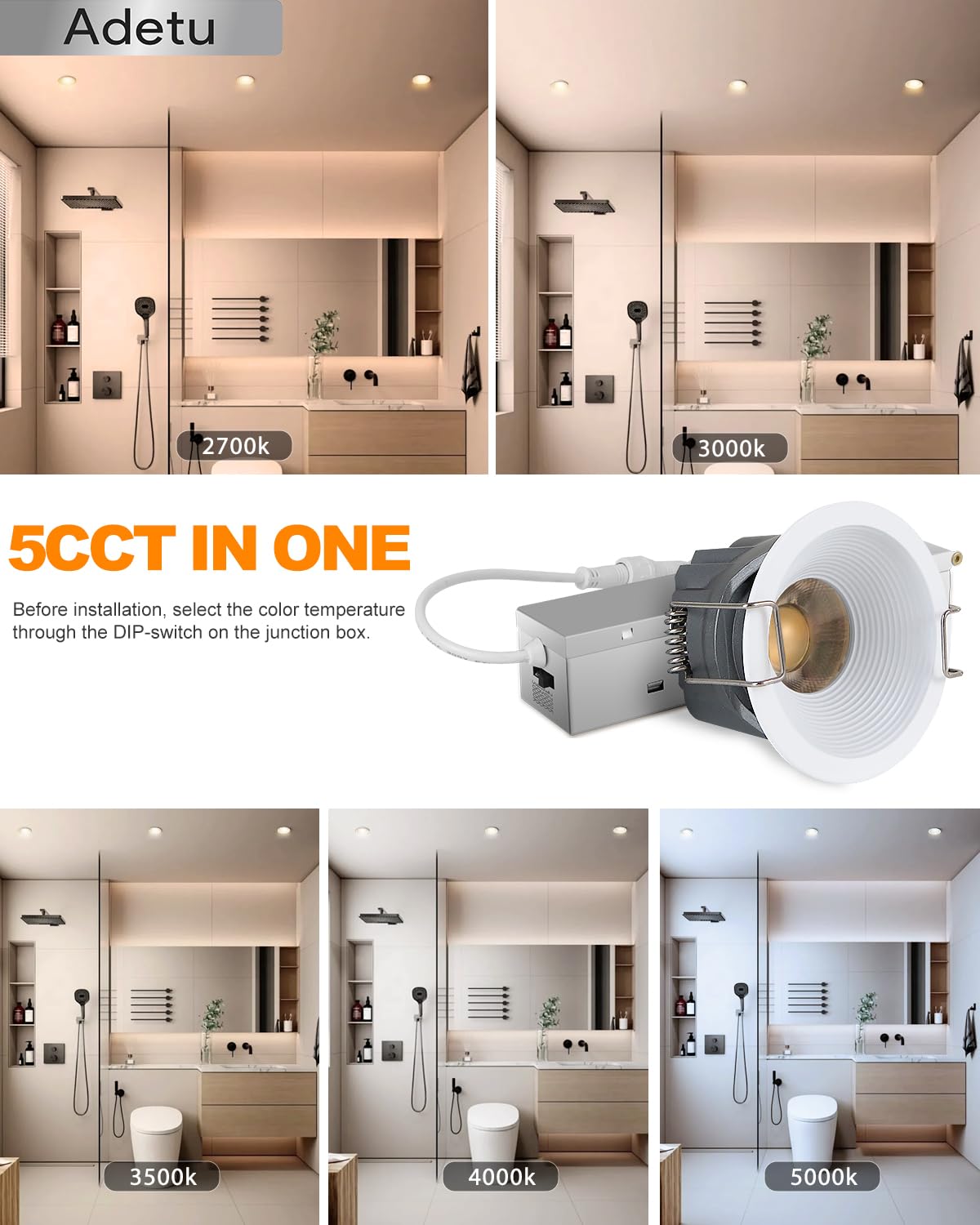 Adetu 2 Inch 5CCT White LED Recessed Ceiling Light with Junction Box, 2700K/3000K/4000K/50000K Selectable, CRI90, 8W COB, 780LM, Dimmable Canless Waferproof Downlight-ETL&FCC (White, 6 Packs)