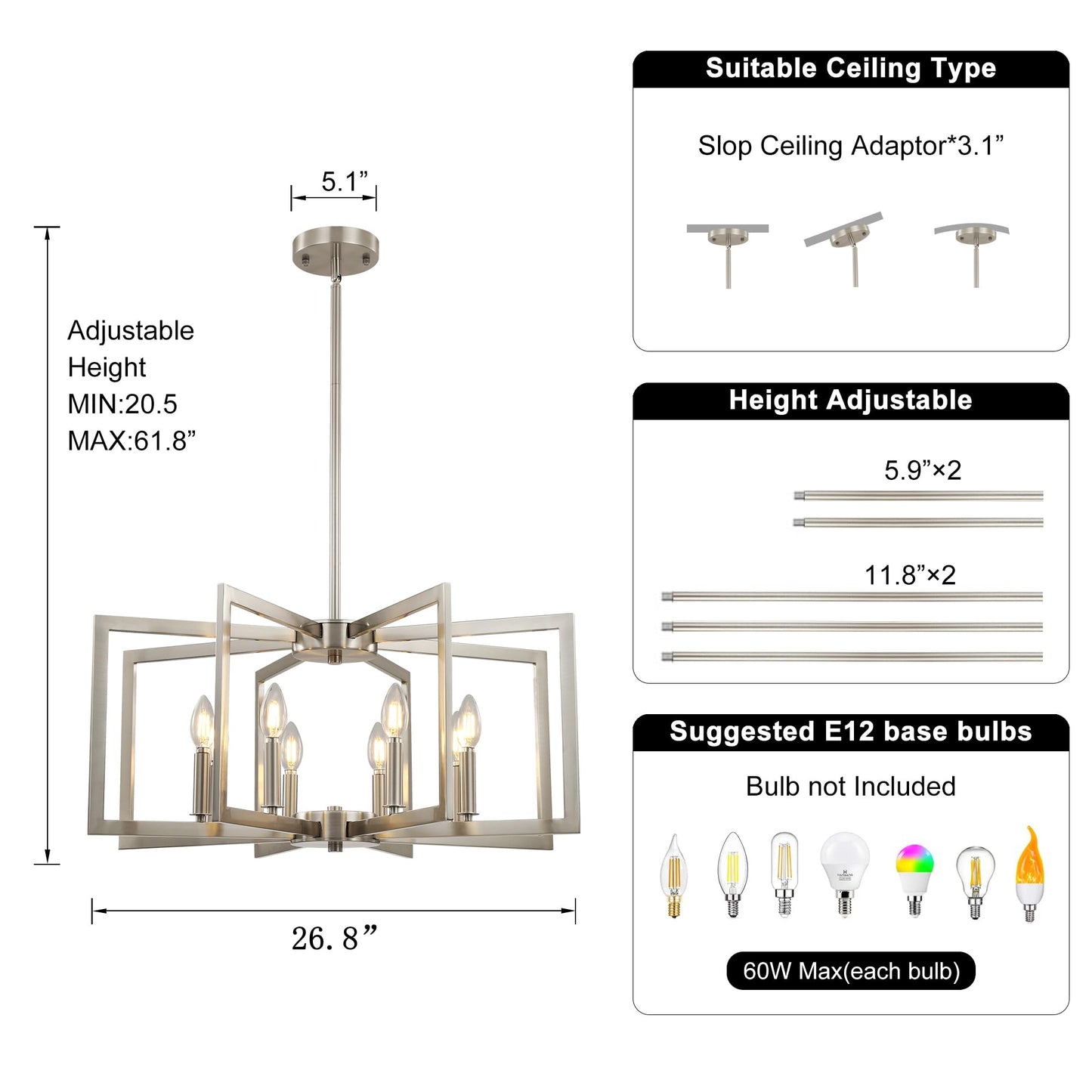 8-Light Large Brushed Nickel Chandeliers for Dining Room,Modern Industrial Pendant Lights Kitchen Island,Farmhouse Entryway Light Fixtures,Metal Geometric Chandelier for Living Room