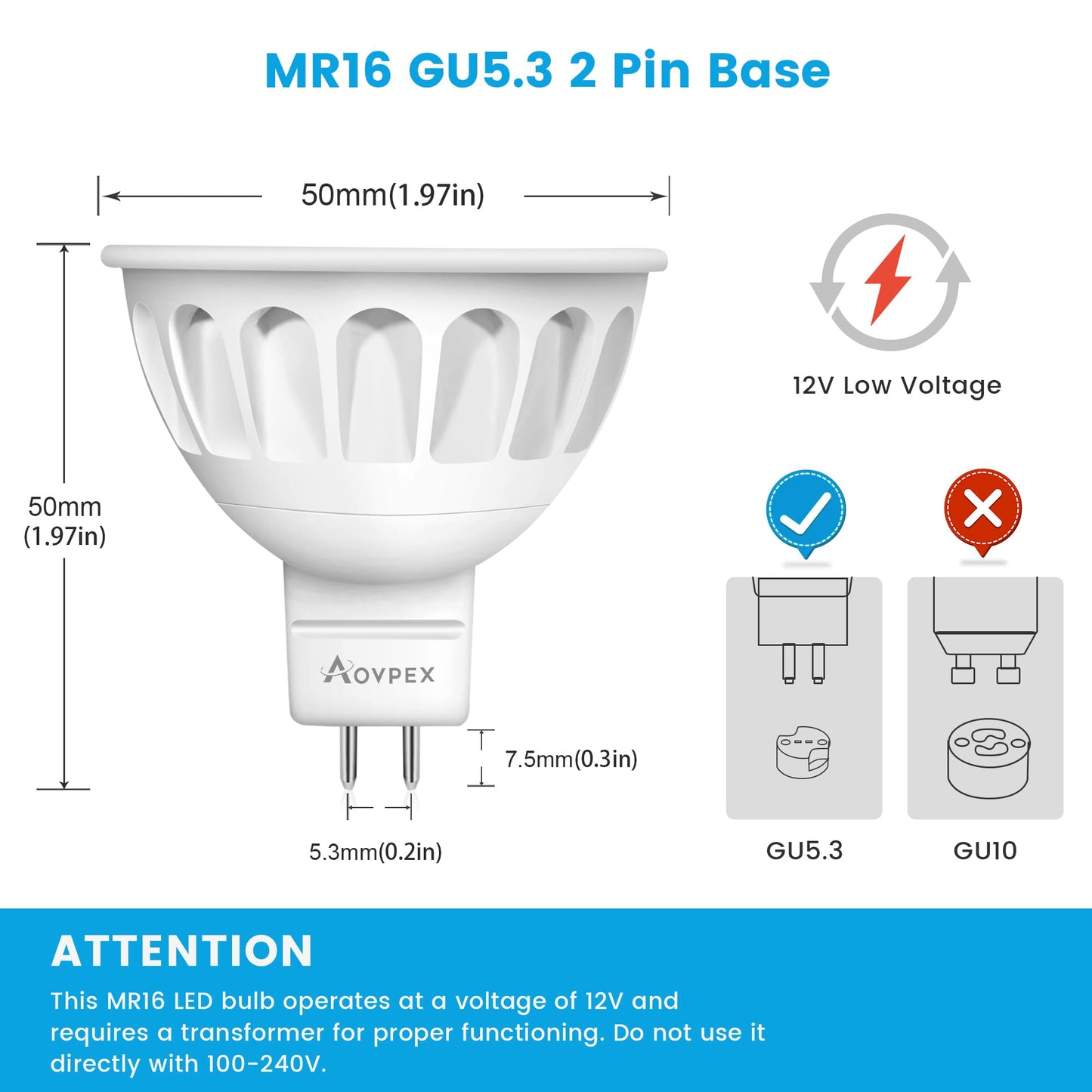 Aovpex 10 Pack Dimmable MR16 LED Bulbs, 12V 5W(50-Watt Equivalent), 3000K Warm White, GU5.3 Bi-Pin Base, 40-Degree, Indoor/Outdoor Landscape Spotlight Track Recessed Lighting