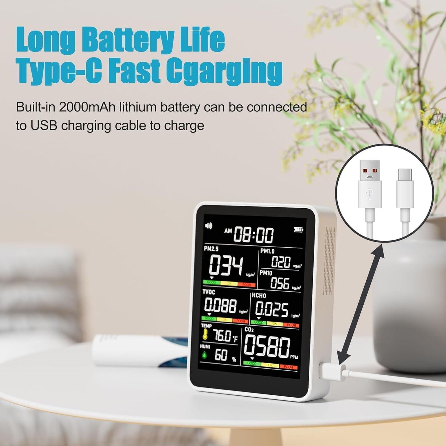 9-in-1 Professional Indoor Air Quality Monitor Indoor Portable PM2.5/PM10/CO2,Temperature, Formaldehyde Detector,Humidity TVOC,Time Display Air Quality Tester (Pearly White)