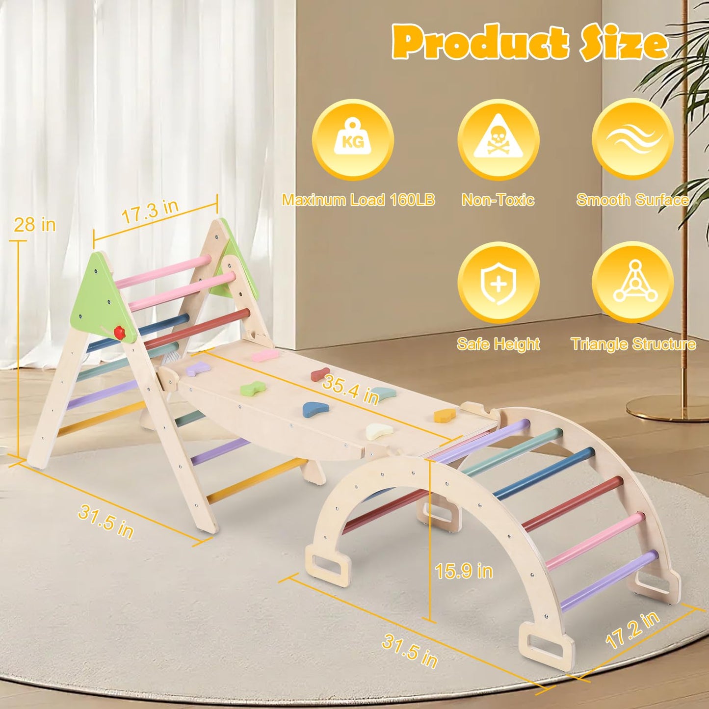 7 in 1 Wooden Pikler Triangle Set, Foldable Indoor Toddler Climbing Toys, Montessori Climbing Set for Children with Arch, Ramp, Ladder, Jungle Gyms for Kids, Baby Sensory Toys