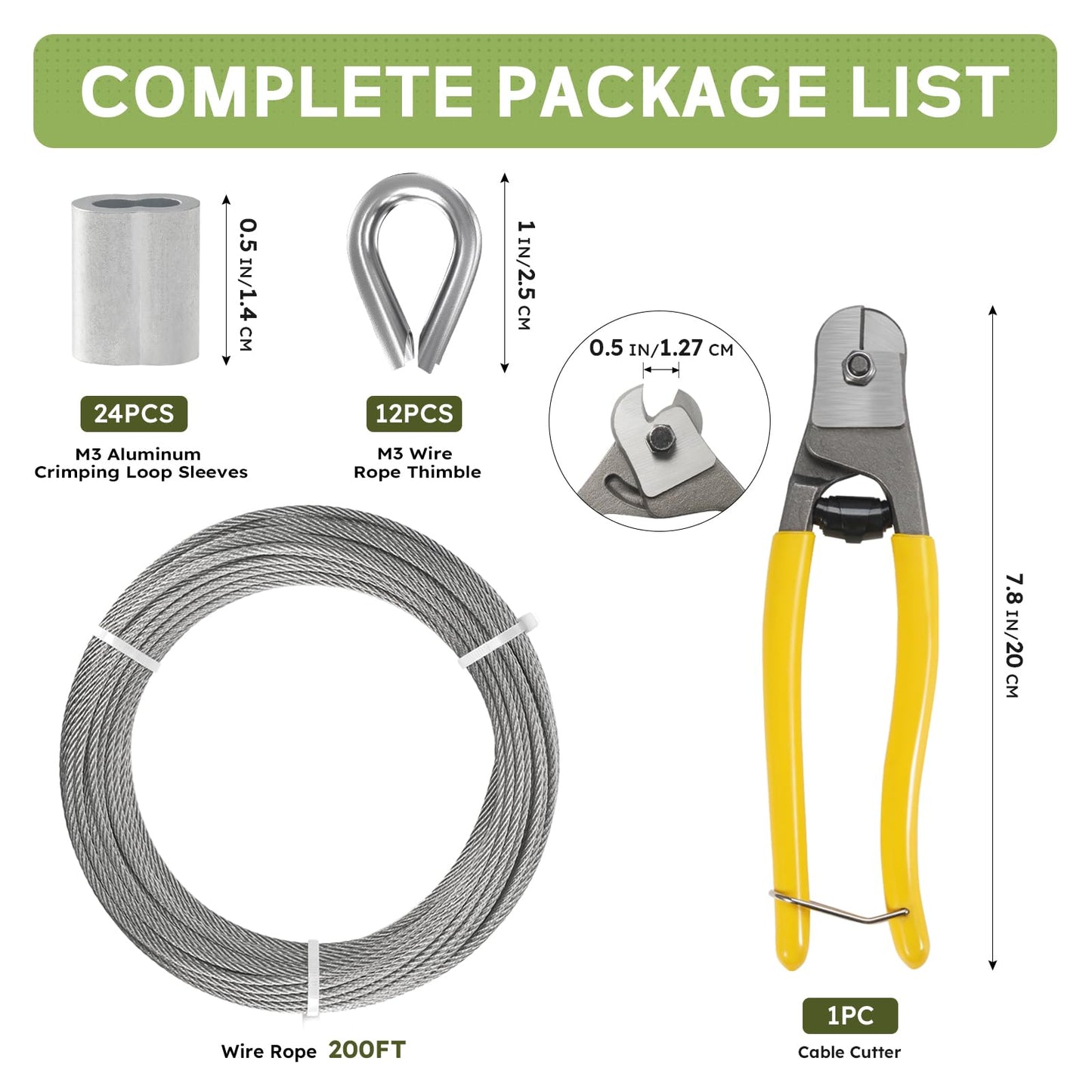 KALLSDY 1/8 Inch Stainless Steel Cable Kit 200FT, 7 x 7 Strands Wire Rope with Aluminium Sleeves & Thimbles for Deck Railing, String Light Hanging, Shade Sail, Garden and DIY Projects