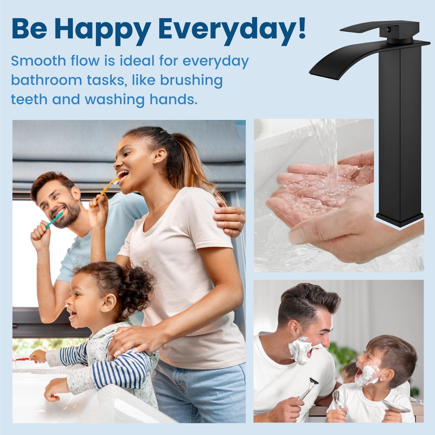 Airuida Vessel Sink Faucet Matte Black, Tall Waterfall Bathroom Faucet, Single Handle One Hole Mixer Bowl Tap with Large Rectangular Spout, Bar Sink Faucet Lavatory Vanity