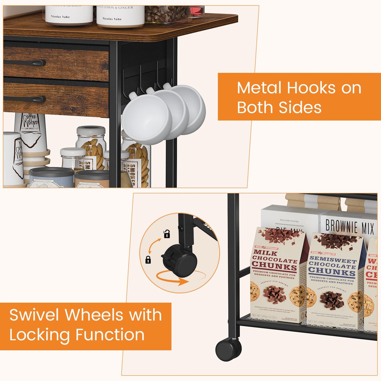 Snughome 5 Tier Rolling Coffee Cart with 2 Large Drawers & Removable Dividers, Extra-Wide Coffee Bar Cart with Storage, Farmhouse Coffee Station Cabinet for Living Room, Kitchen, Office
