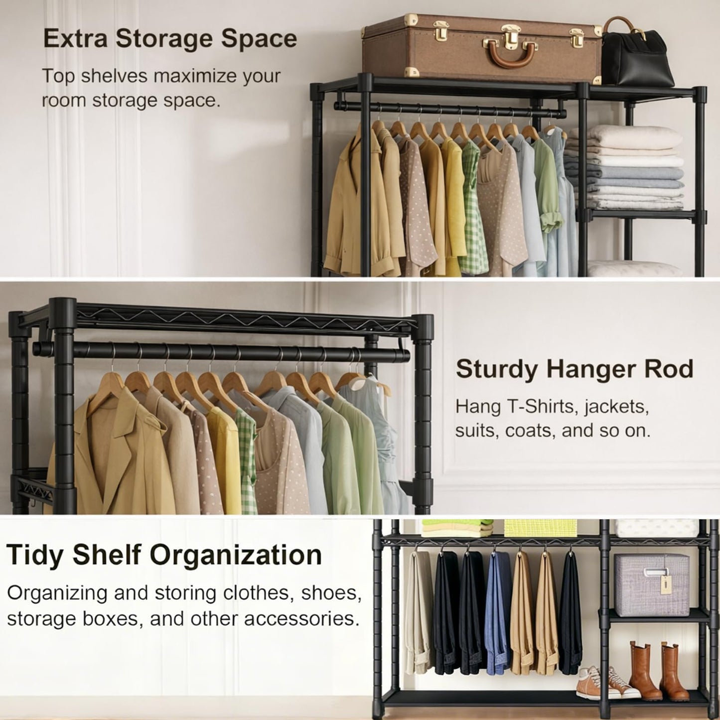 Simple Deluxe Clothes Rack, Heavy Duty Clothing Rack, 4-Shelf Portable Adjustable Wardrobe Closet with Hanging Rods, 43.8" W x 15.7" D x 64.9" H, Black
