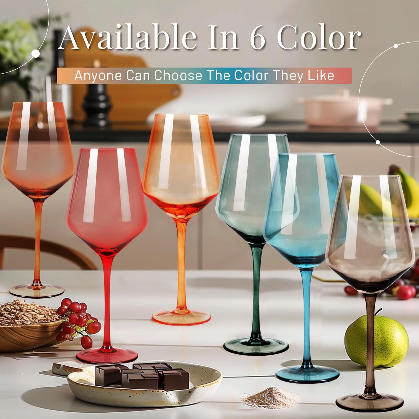 AIRXINLAY Colored Wine Glasses Set of 6-18.6oz, Colorful Wine Glasses by hand Blown Crystal,with Tall Long Stems for Party Home Bar Christmas Wedding gift set for wine lovers