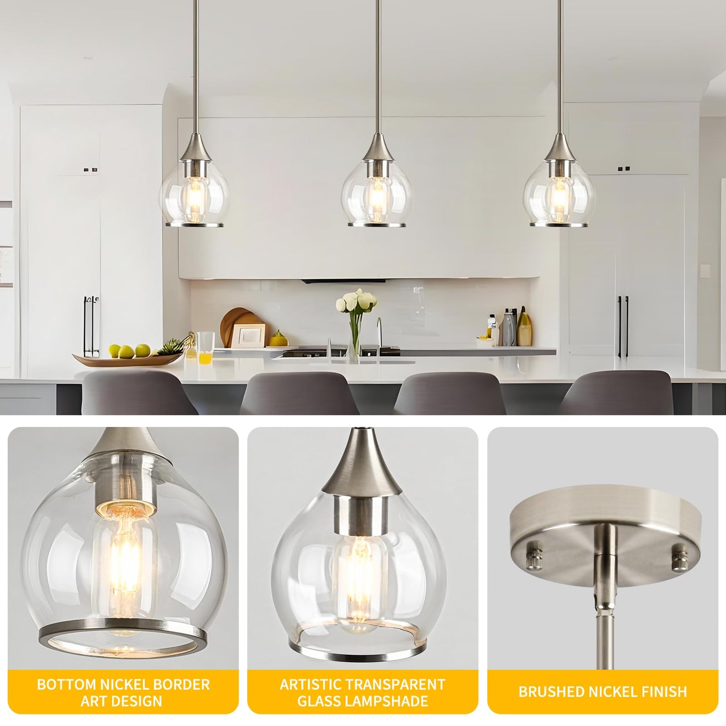 Zoaklighen 1-Piece Brushed Nickel Island Light for Kitchen, 1-Light Brushed Nickel Hanging Pendant Light with Clear Round Glass Shade for Dining Room,Bedroom
