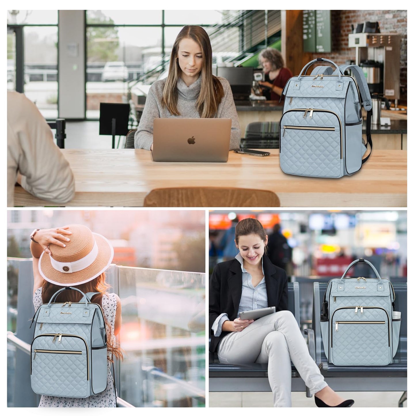 EMPSIGN 17 Inch Laptop Backpack for Women, Work Business Travel Computer College Bags, Large Capacity Water-repellent Quilted Casual Daypack, Light Blue