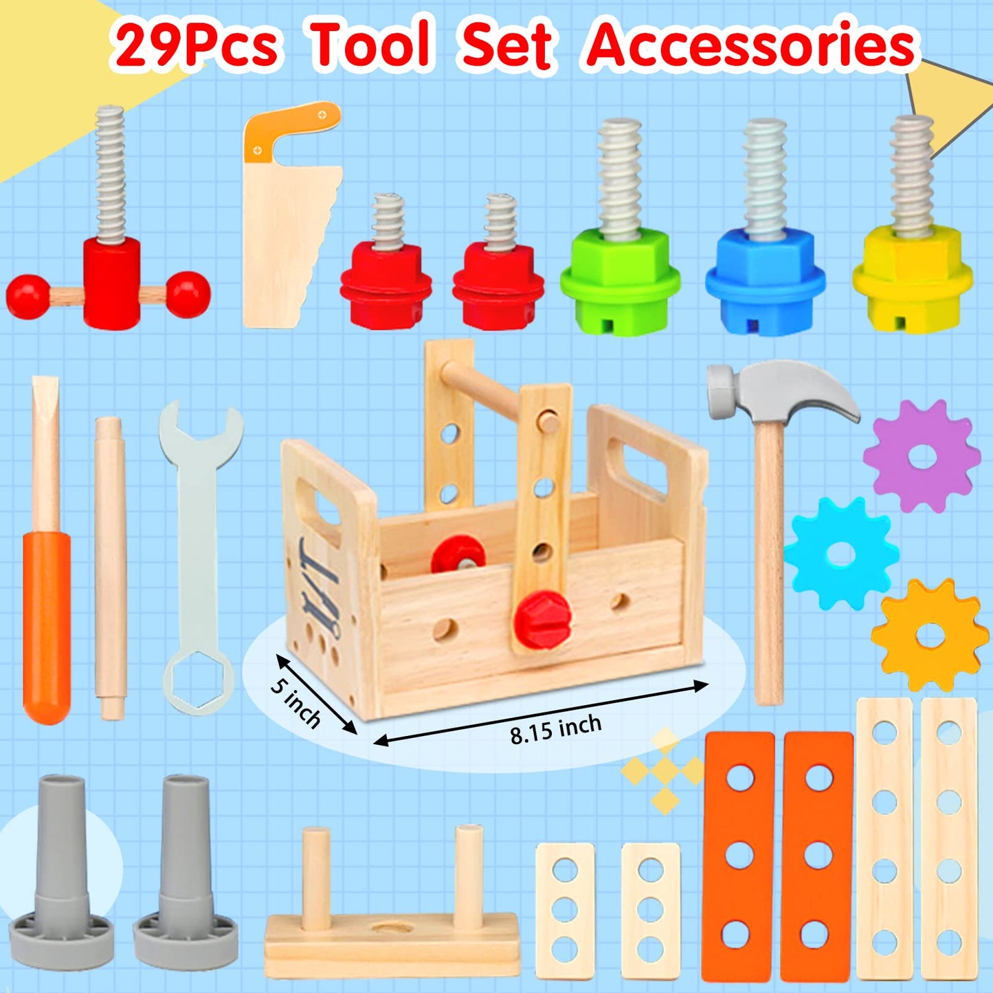 Mgtfbg - Kids Tool Set, 29 Pieces Wooden Tools for Toddlers with Box, Montessori STEM Educational Building Toy for 2 3 4 5 6 Year Old Boys Girls Boys Girls Boys Girls Kids Children Toys