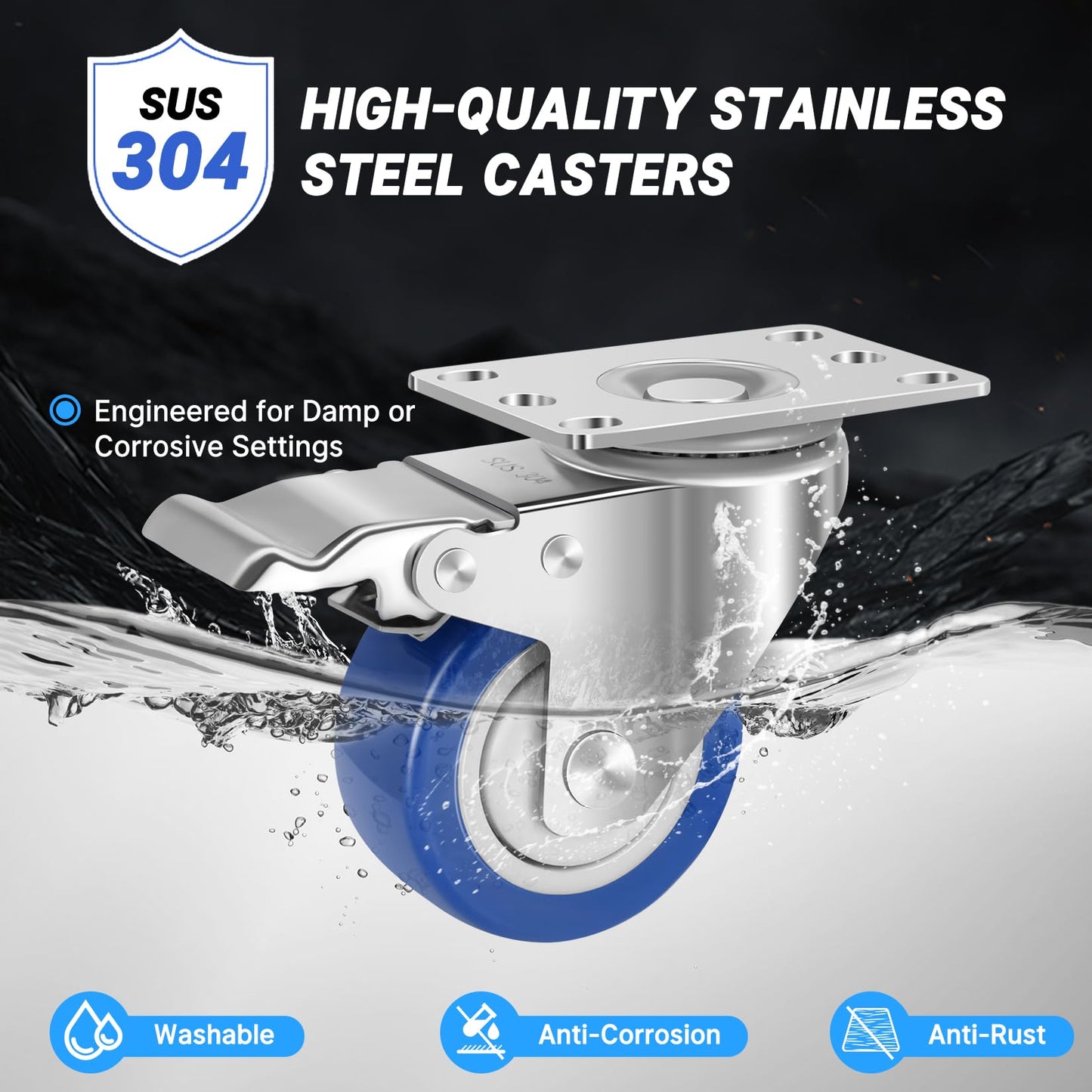 Nefish Stainless Steel Castor Wheels 3 Inch with Brake,Rust-Proof 304 Heavy Duty Casters Set of 4, Anti-Corrosion Industrial Stainless Steel Caster for Furniture,Labs,Restaurants,Outdoor
