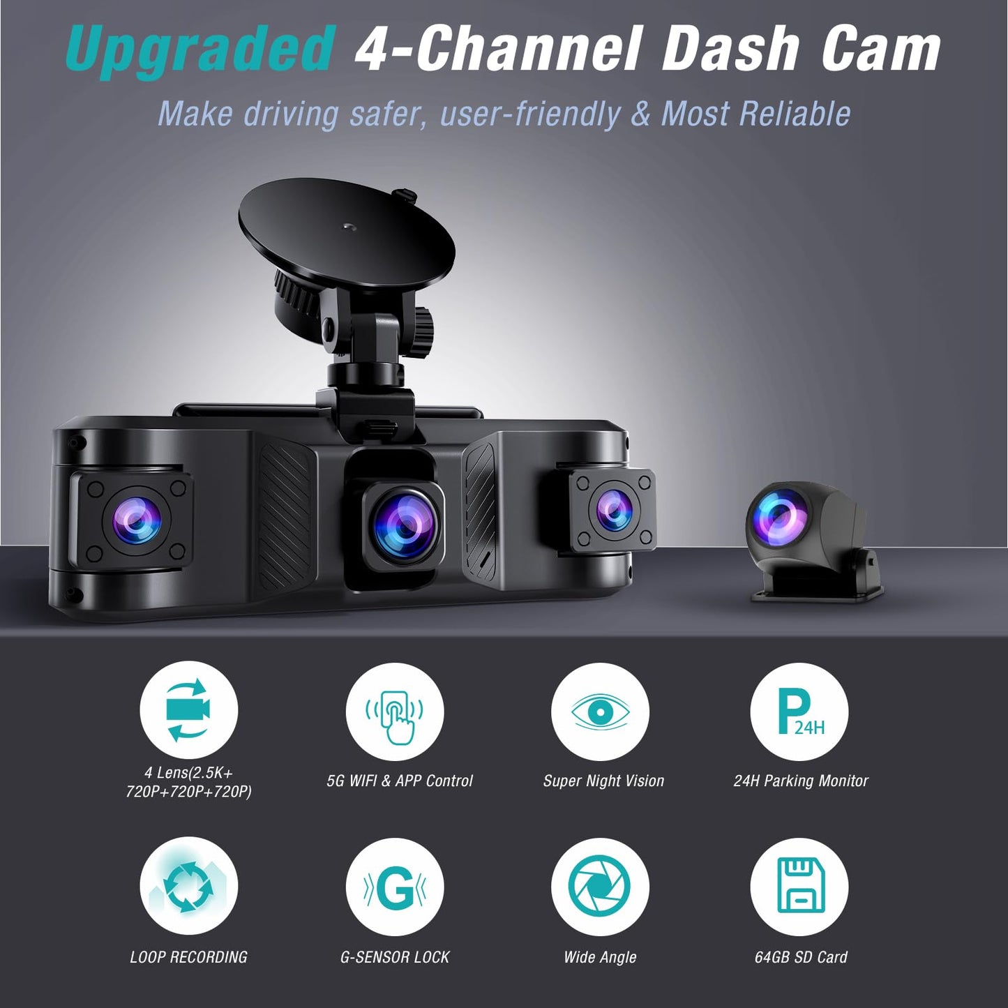 4 Channel 2.5K Dash Cam Front Rear Left Right, 170° Wide Angle Car Dash Camera with 5GHz WiFi & App Control, G-Sensor, Super Night Vision, 24H Parking Monitor, Loop Recording, 64GB SD Card Included