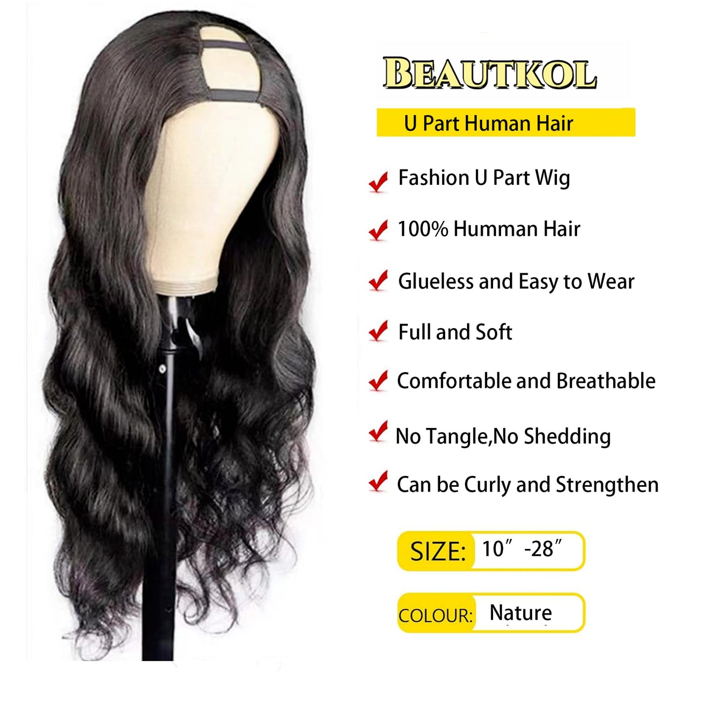 beautkol U Part Human Hair Wig Body Wave 18 Inch Brazilian Virgin Hair Glueless Wigs Human Hair 180% density U Part Wig for Black Women U Part Wig Human Hair Upart half wig Natural Black Color