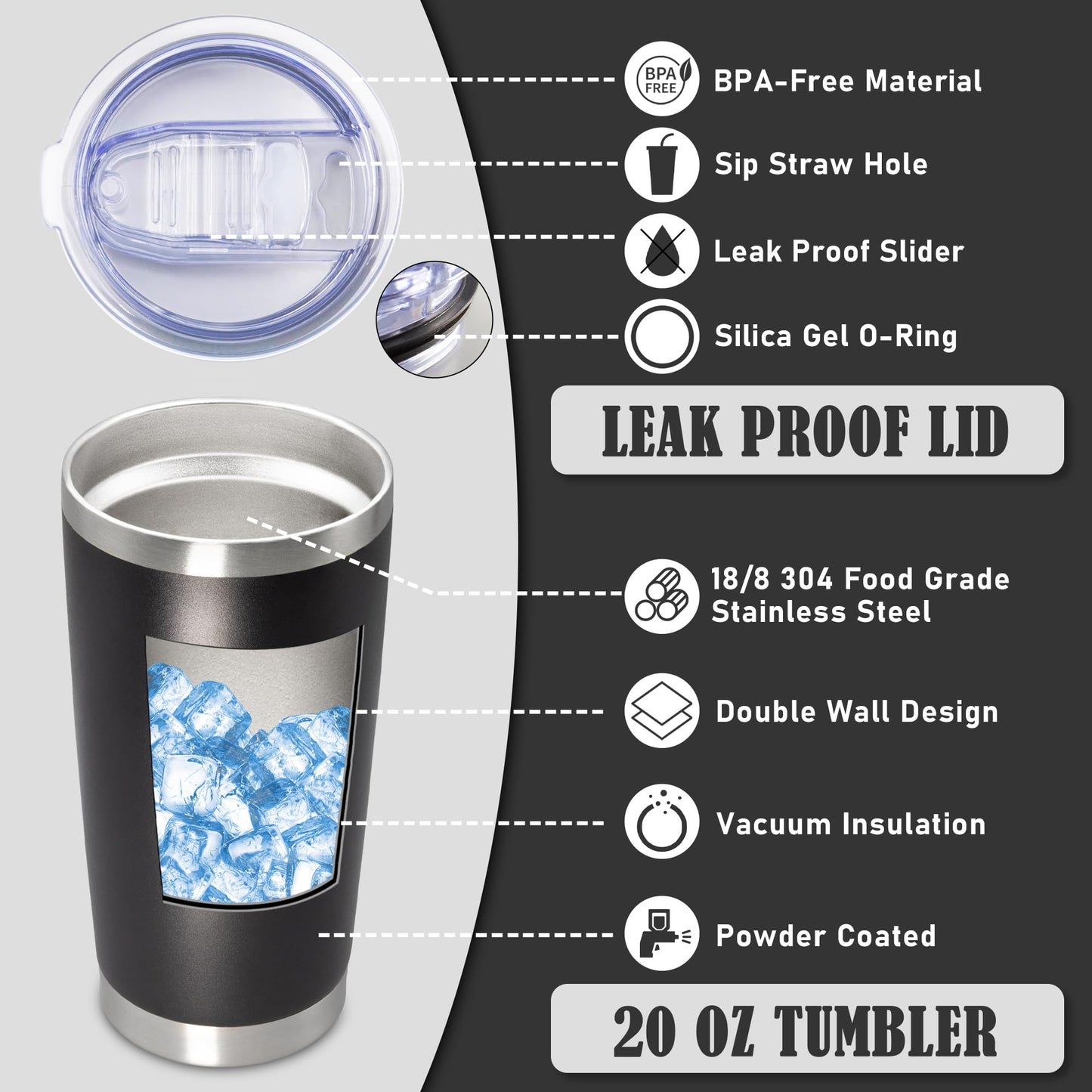 AEPDTD 20 oz Tumbler Coffee Tavel Tumblers Bulk with Lid Stainless Steel Double Wall Vacuum Insulated Mug Powder Coated Cups fit Car Cupholder for Hot and Cold - Black, 12Pack