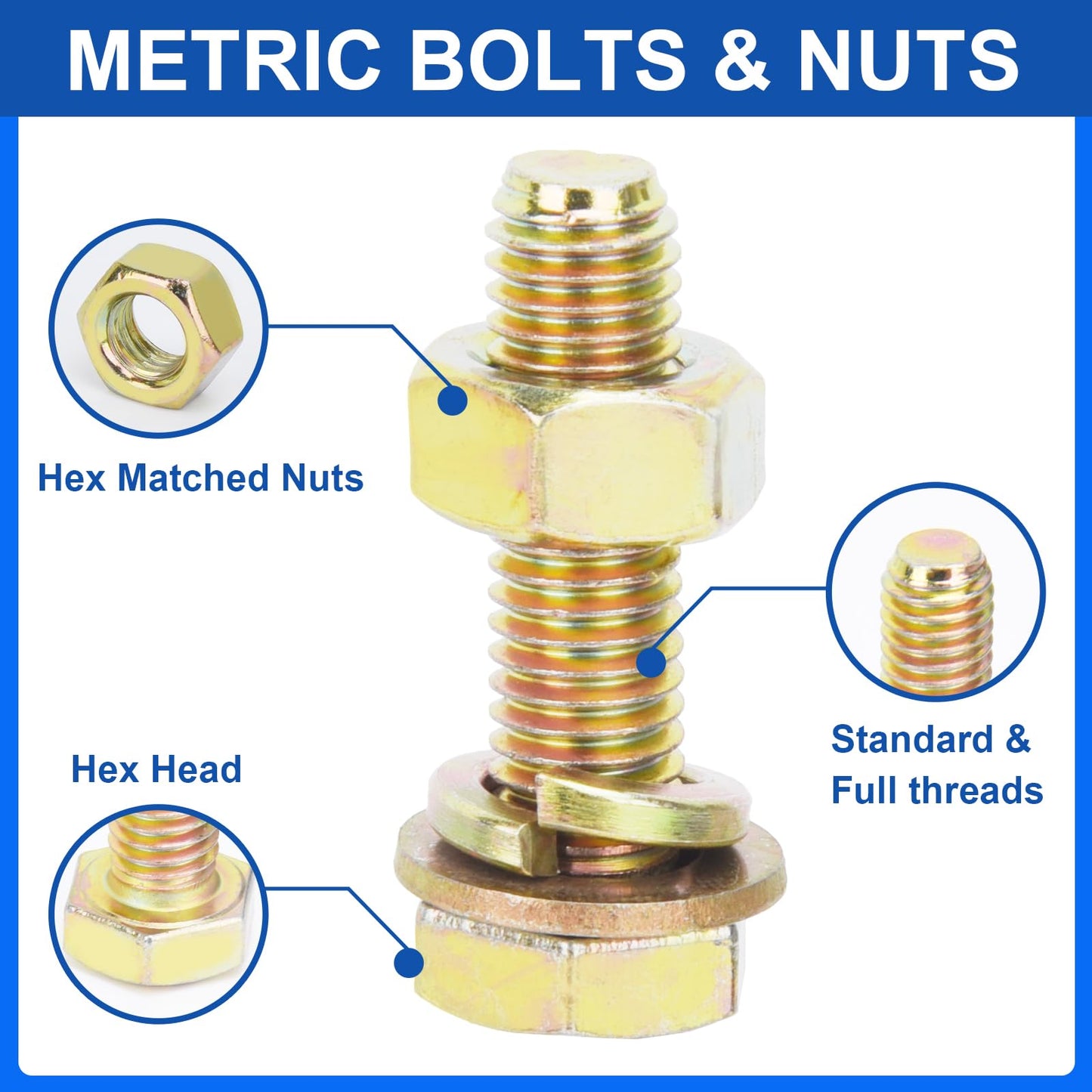 940PCS Grade 8.8 Metric Bolt and Nuts Kits M4 M5 M6 M8 Heavy Duty Hex Bolts Nuts Assortment Set Yellow Zinc Plated