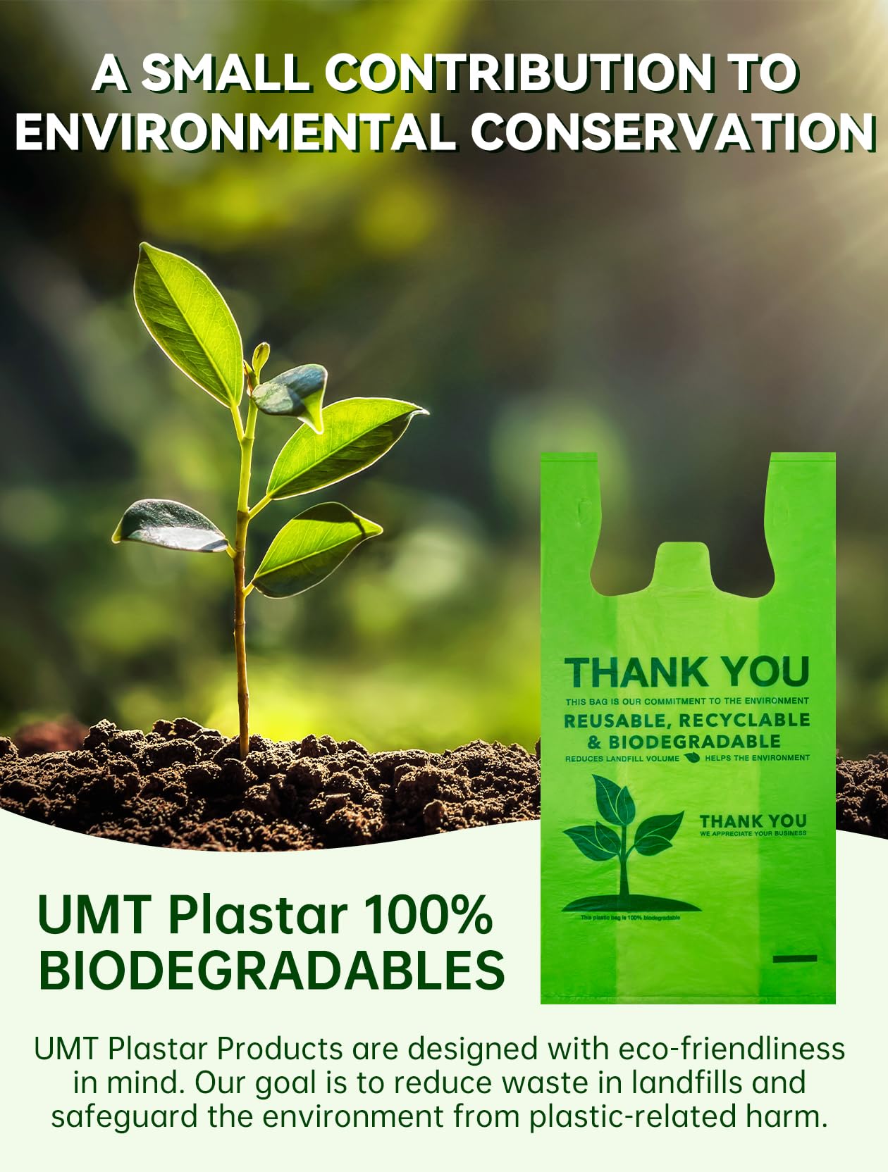 UMT Plastar 500 Count Recyclable Compostable 100% Biodegradable T-Shirt Bags, Eco-Friendly Grocery Shopping Bags, 11.5" x 6.25" x 21", 16 Mic