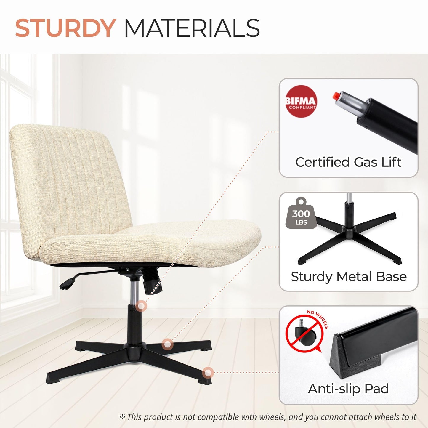 Orange Factory Criss Cross Chair No Wheel Wide Cross Legged Office Desk Vanity Chair Comfy Fabric Armless Adjustable Swivel for Home Computer Task (Beige No Wheel, Classic Fabric)