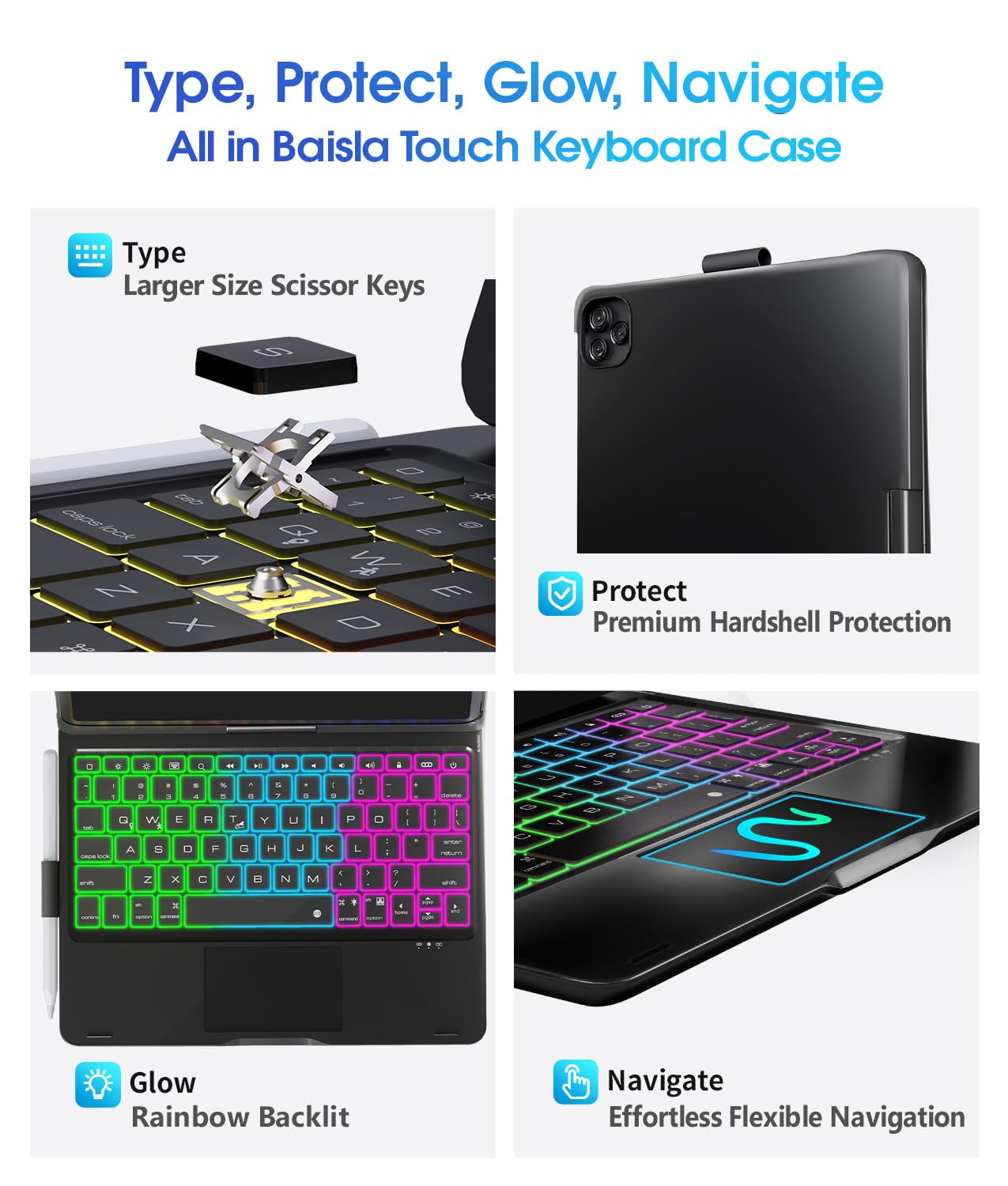Baisla iPad 10th Generation Case with Keyboard 10.9" & iPad 11th (A16) & iPad Air 11 (M3/M2), Multi Trackpad, 360 Swivel & Rainbow Backlit for iPad Air 5th/4th,iPad Pro 11 4th/3rd/2nd/1st - Black