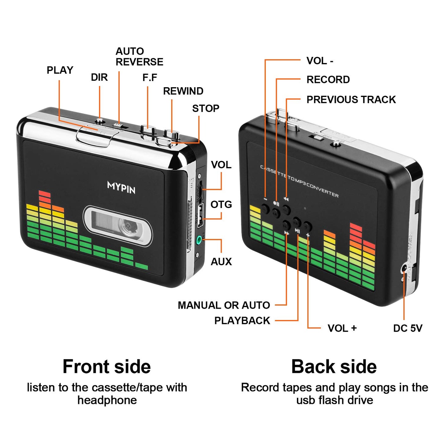 USB Cassette to MP3 Converter, Portable Walkman Cassette Audio Music Player Tape-to-MP3 Converter with Earphones, Volume Control, Auto Reverse, No PC Required