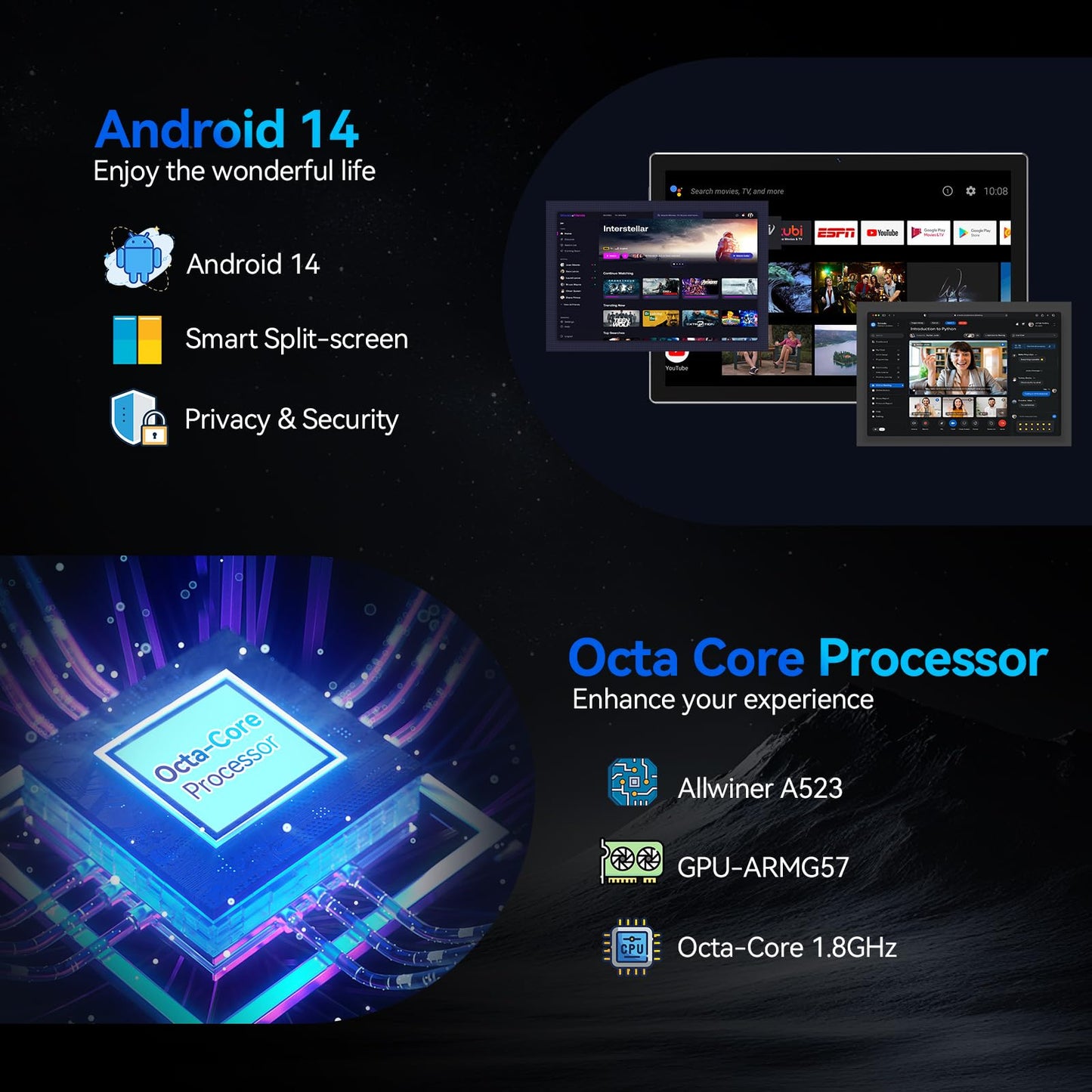 10.1 inch Android 14 Tablet 2025 Latest Update Octa-Core Processor with 64GB Storage, WiFi 6 Tableta, 13MP+5MP Dual Camera, 2 in 1 Tablet with Keyboard, Bluetooth, FHD IPS Screen, Mouse, Case, Stylus