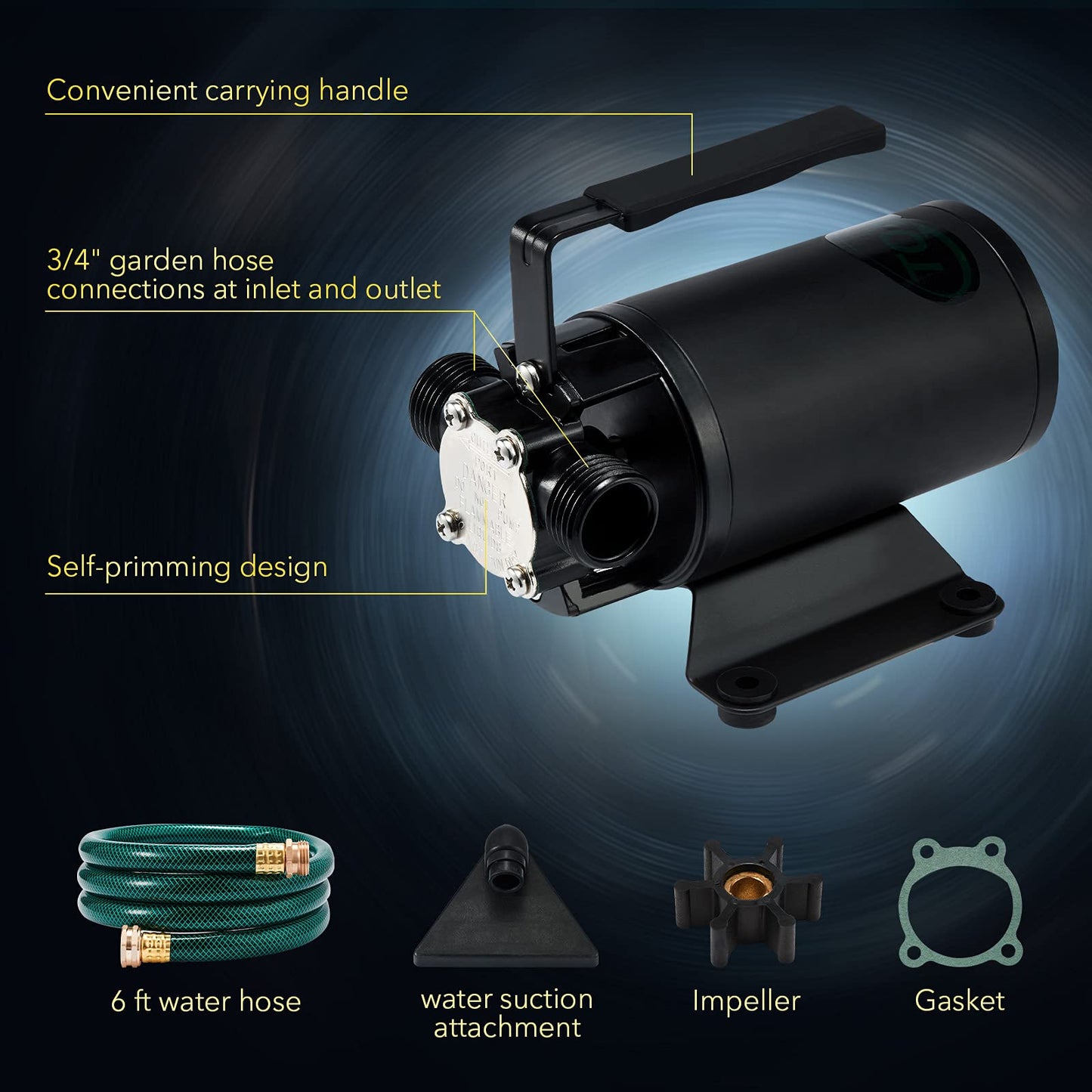 12V Water Transfer Pump 330GPH Self-Priming Pump, Portable Electric Utility Sump Pump with Suction Hose Attachment Black