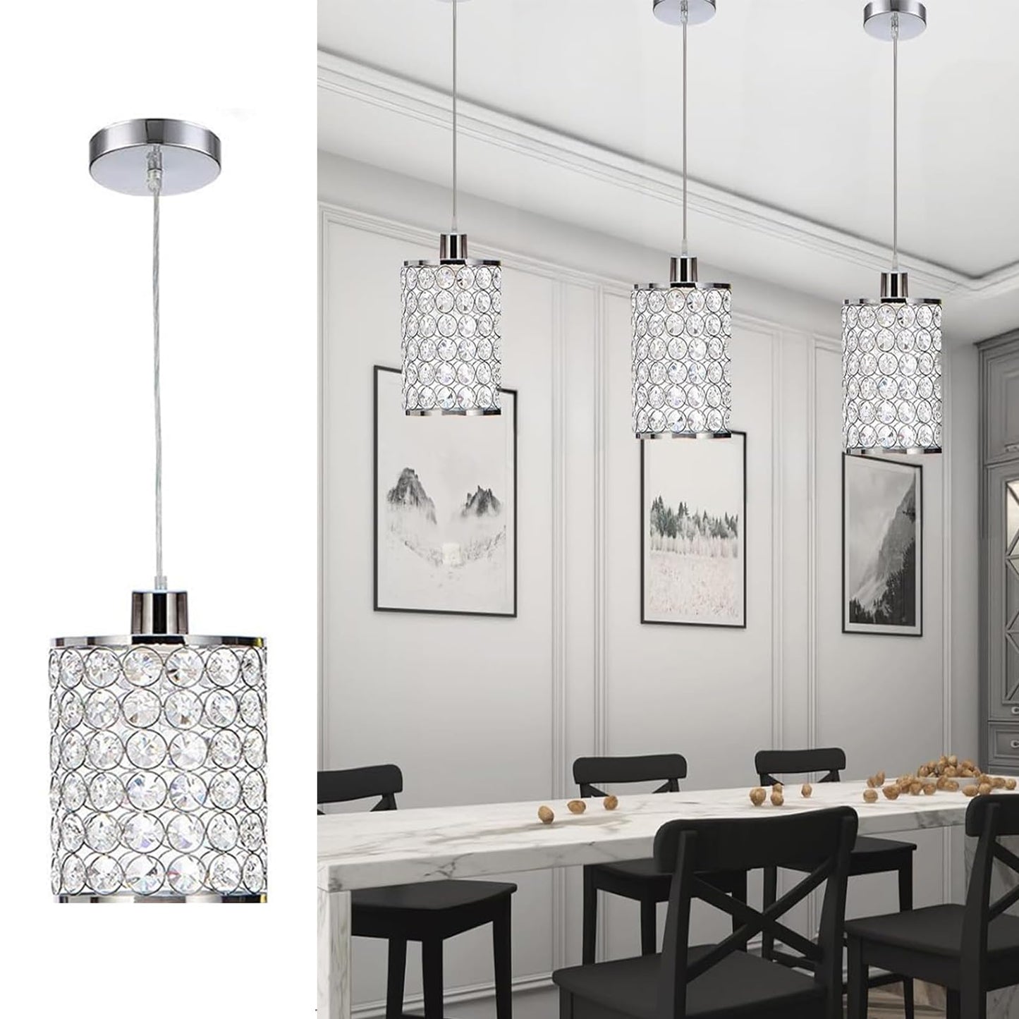 Cuaulans 3 Pack Crystal Pendant Light, Modern Chrome Kitchen Island Pendant Lighting,Cord Adjustable Bar Ceiling Hanging Lights for Kitchen Dining Room Bedroom Bar