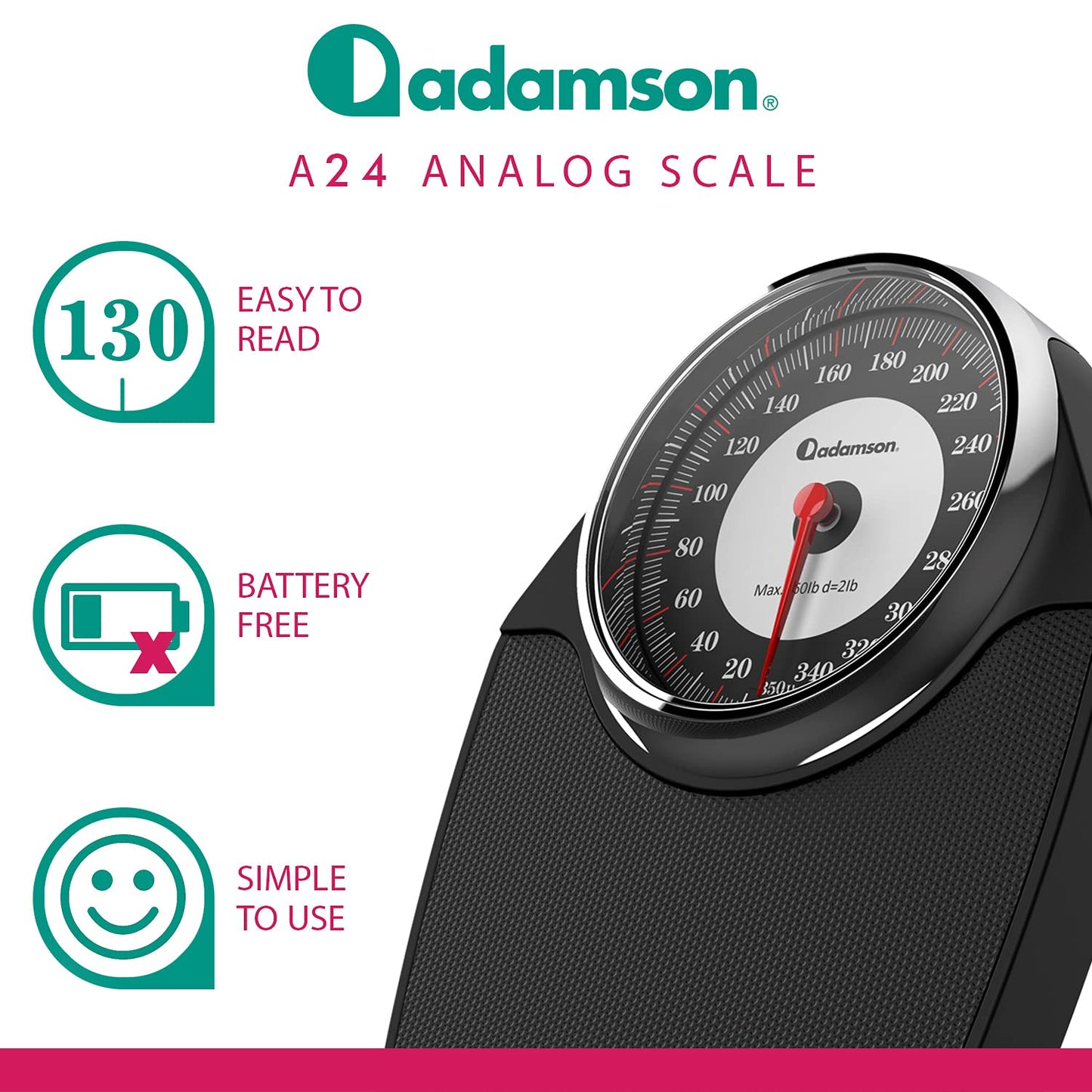 Adamson A24 Scales for Body Weight - Up to 350 LB - New - Anti-Skid Rubber Surface Extra Large Numbers - High Precision Bathroom Scale Analog - Durable with 20-Year Assurance - Black
